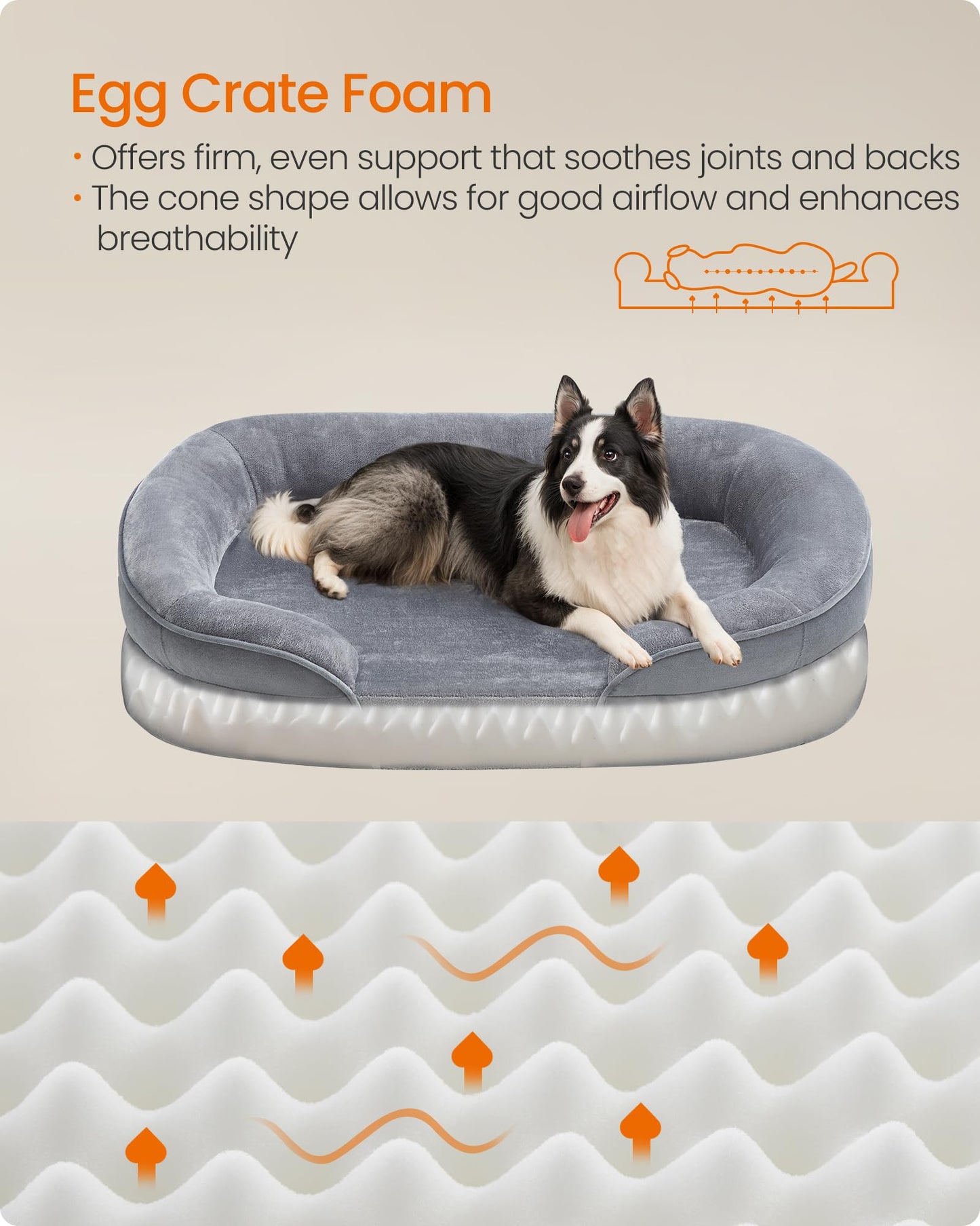 Cama para Perros Grandes Feandrea Gris Claro con Funda Lavable y Bordes Elevados