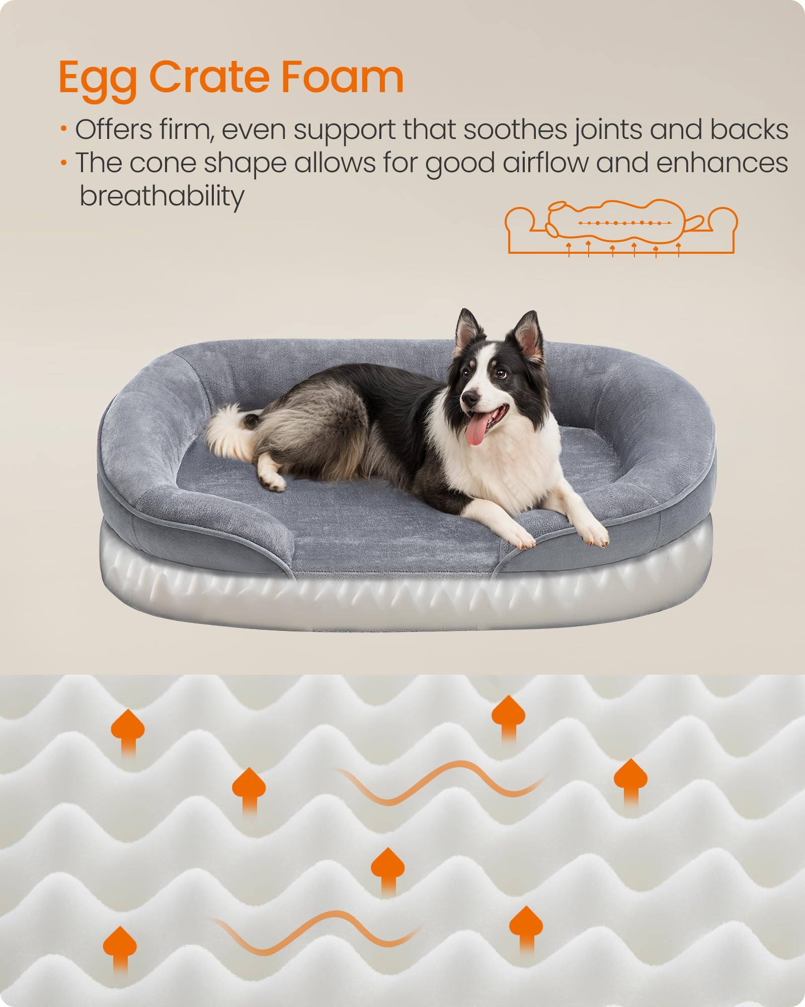 Cama para Perros Grandes Feandrea Gris Claro con Funda Lavable y Bordes Elevados