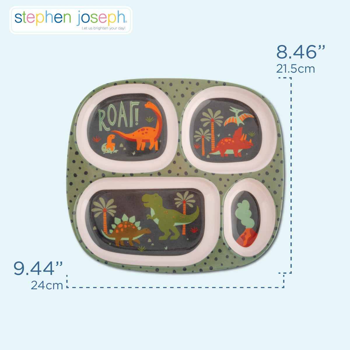 Stephen Joseph, Plato de cena de melamina para niños, platos divididos de plástico para comer, vajilla para niños y niñas, Dino