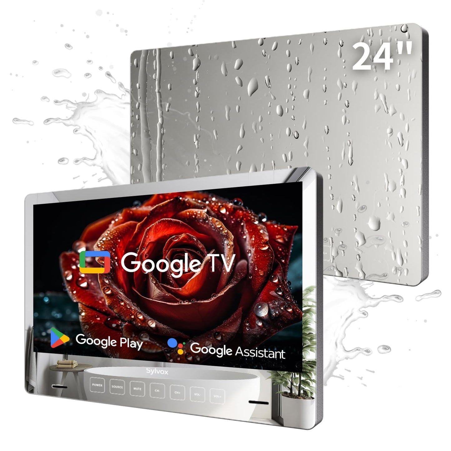 Televisor de Baño Sylvox 24 Pulgadas 1080P Smart Mirror con Sistema Google NTSC y ATSC, WiFi Bluetooth, Alto Brillo 500 Nits, IP66 Impermeable