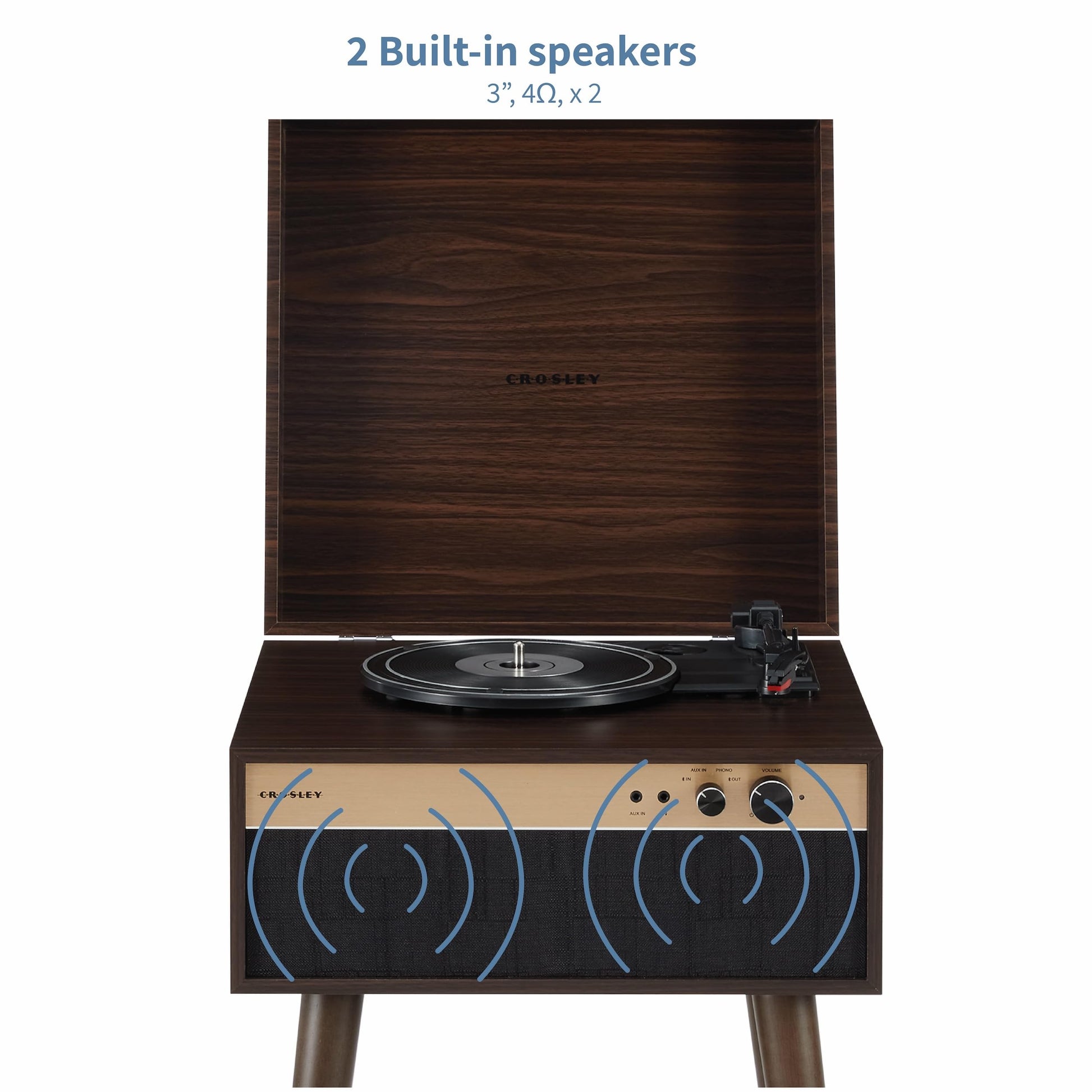 Crosley CR6236A-WA Jasper - Tocadiscos de Vinilo Bluetooth de 3 velocidades con Altavoces Integrados y Patas Desmontables, Color Nogal