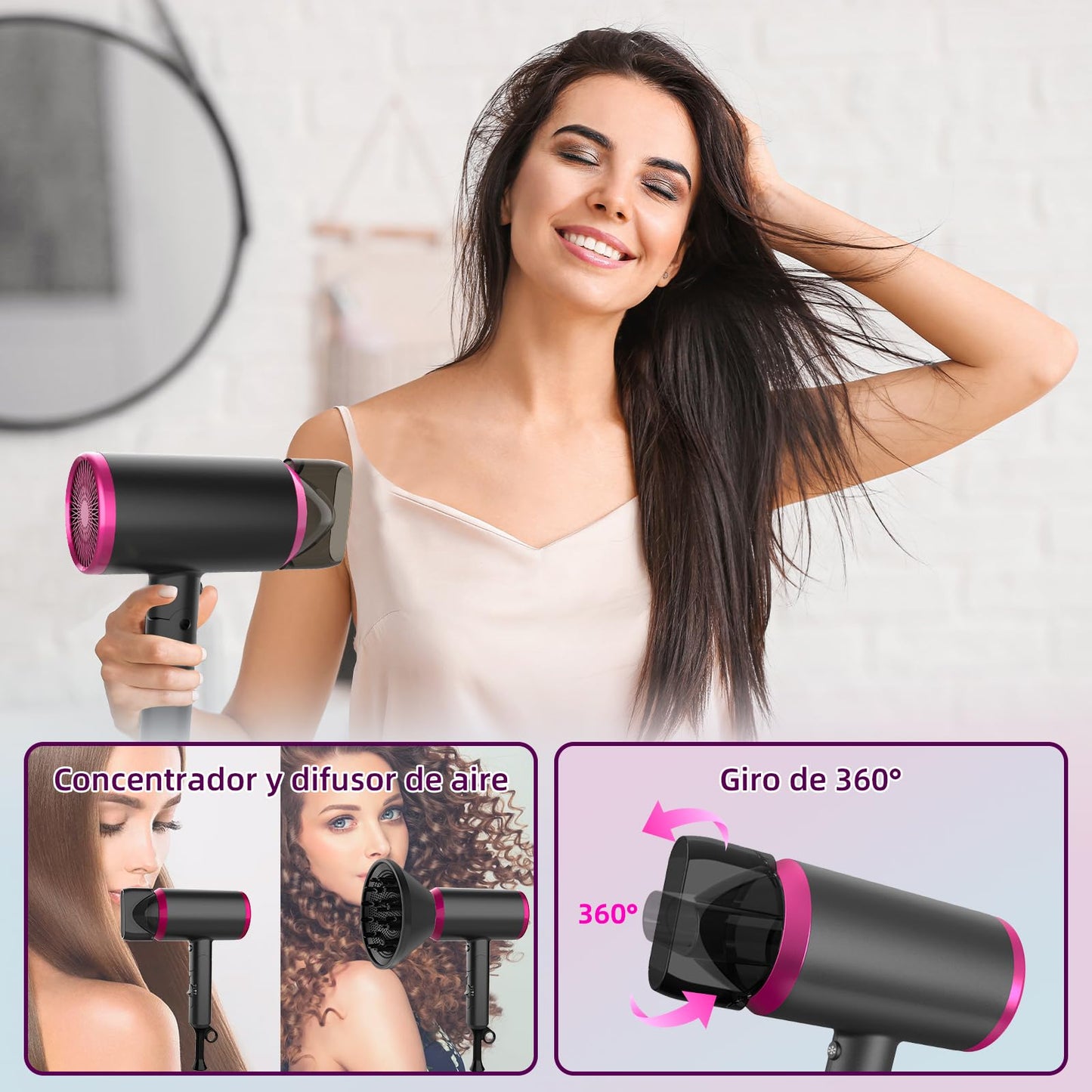 Secador de Pelo Ionico,Lostrain Secadora Para Cabello Plegable 1800W 3 Temperaturas 1.8M Cable,Secadora con Difusor y Concentrador 20 Millones De Iones Negativos Para Viaje Salón