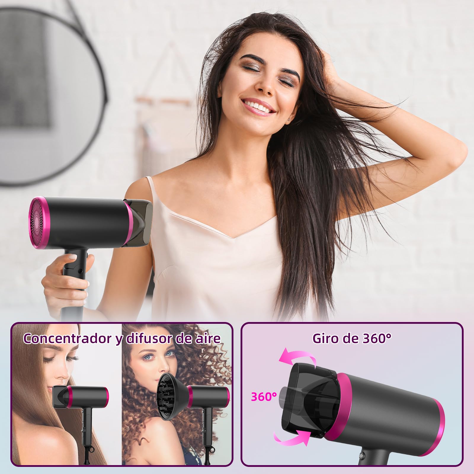 Secador de Pelo Ionico,Lostrain Secadora Para Cabello Plegable 1800W 3 Temperaturas 1.8M Cable,Secadora con Difusor y Concentrador 20 Millones De Iones Negativos Para Viaje Salón
