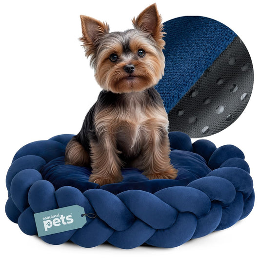 Cama Redonda ESQUIMAL Azul Marino Cojín Antiestrés Trenzado Lavable para Perro y Gato