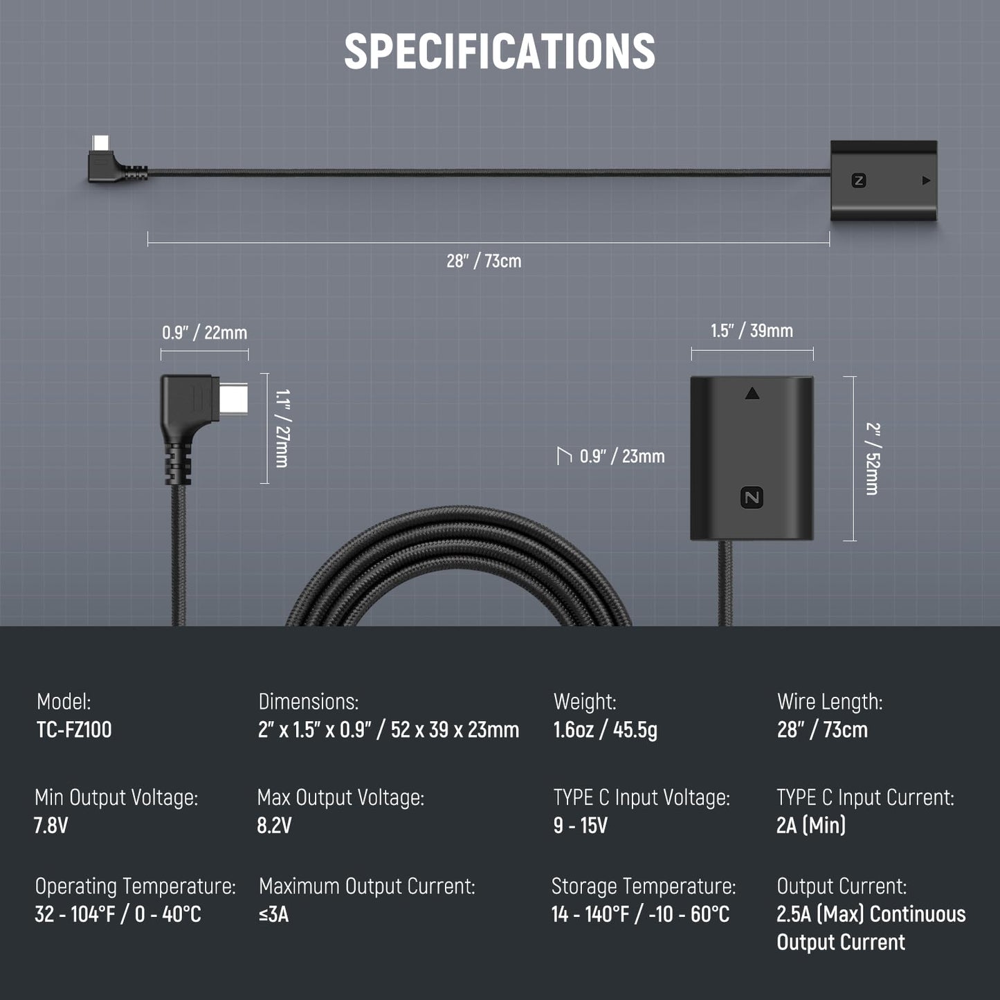 Batería Dummy USB C NEEWER Negro Compatible para Sony NP-FZ100