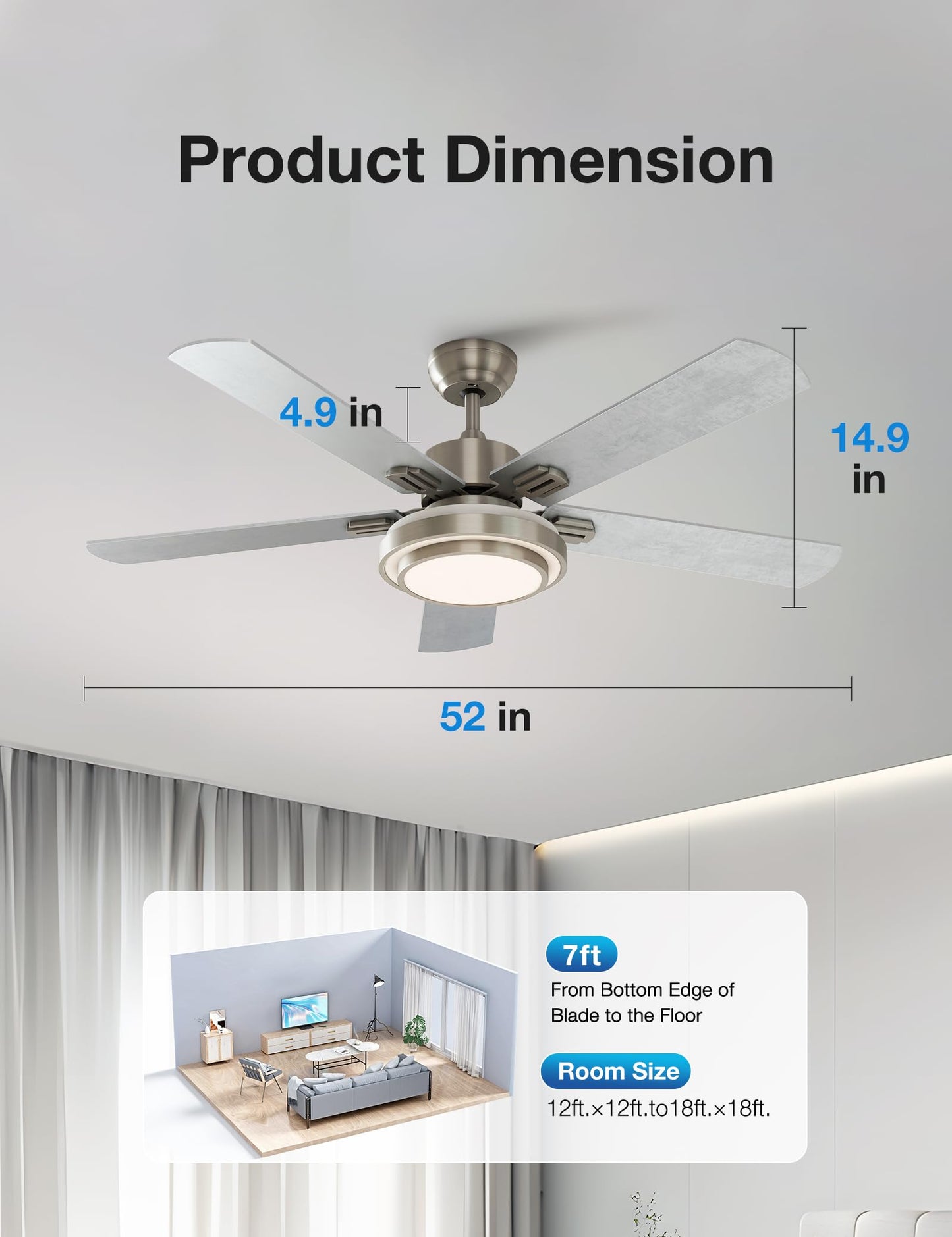 Ventilador de Techo Warmiplanet Níquel Cepillado con Control Remoto y Luces 52 Pulgadas 5 Cuchillas