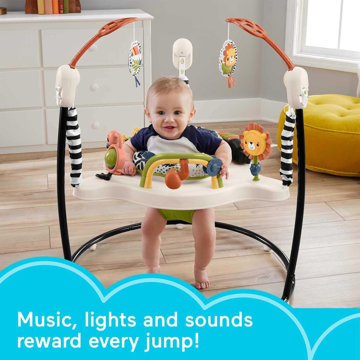 Fisher-Price Baby Bouncer Palm Paradise Jumperoo Centro de actividades con luces musicales sonidos y juguetes de desarrollo