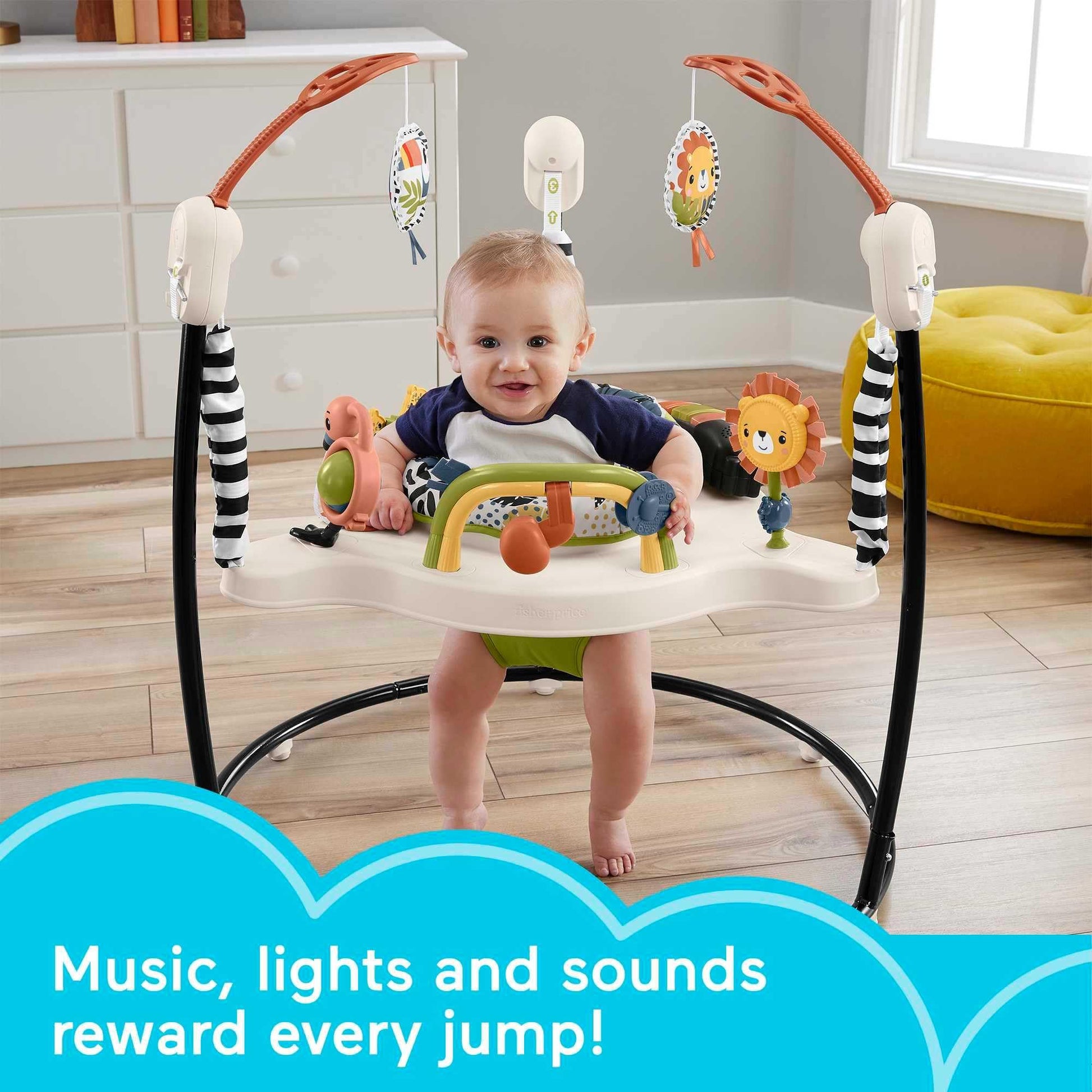Fisher-Price Baby Bouncer Palm Paradise Jumperoo Centro de actividades con luces musicales sonidos y juguetes de desarrollo