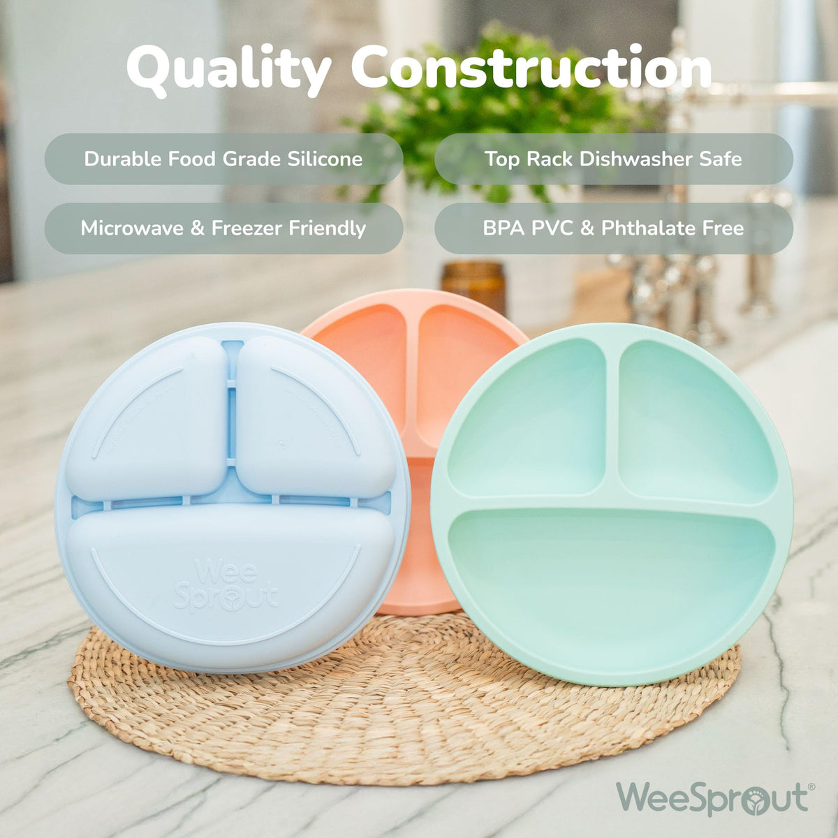 WeeSprout - Platos de silicona divididos para niños (3 unidades, fácil de limpiar, aptos para lavaplatos y microondas, suave, antideslizante e irrompible, silicona con certificación FDA/LFGB), ideal para bebés o niños mayores, Green, Blue & Purple