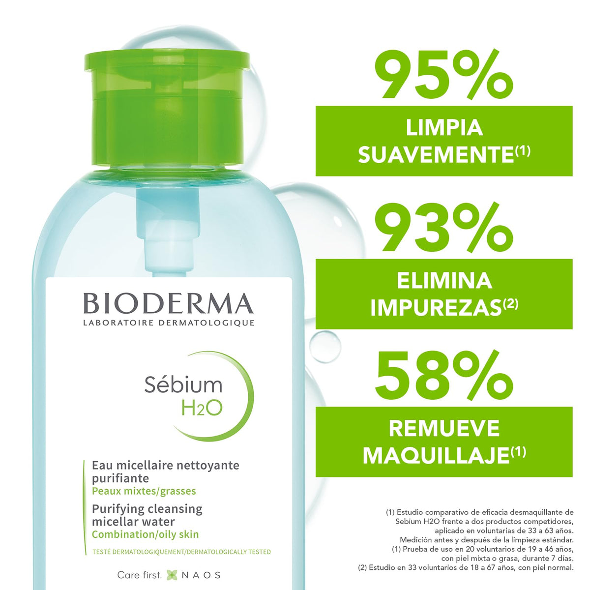 BIODERMA, Agua Micelar, Sébium H2O Pump, Desmaquillante para Piel Grasa, Remueve Impurezas y Controla el brillo, 100ML