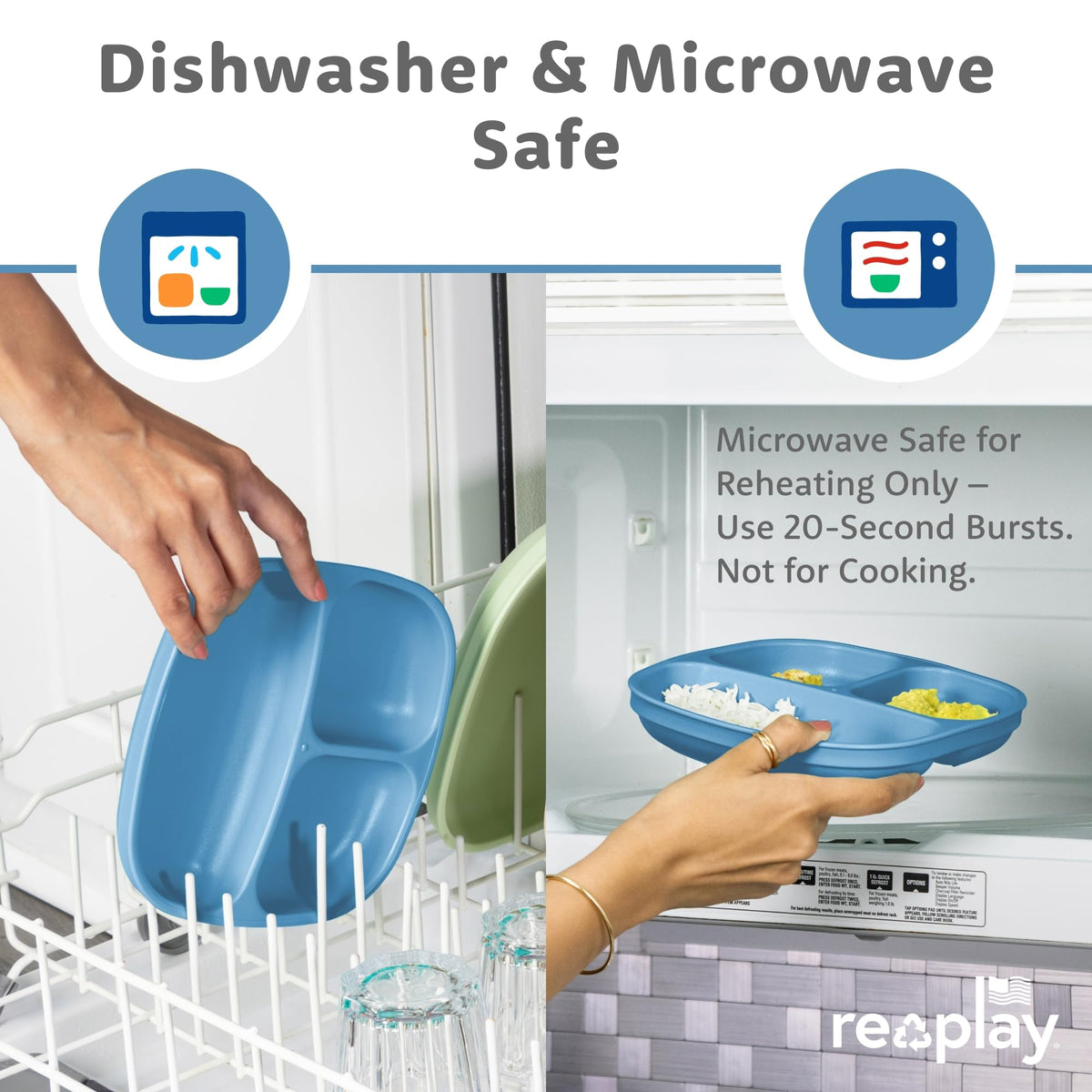 Re-Play - Juego de 4 platos divididos para niños pequeños, de paredes profundas, 3 compartimentos, para comedores exigentes, aptos para lavaplatos y microondas, sin BPA, fabricado en Estados Unidos