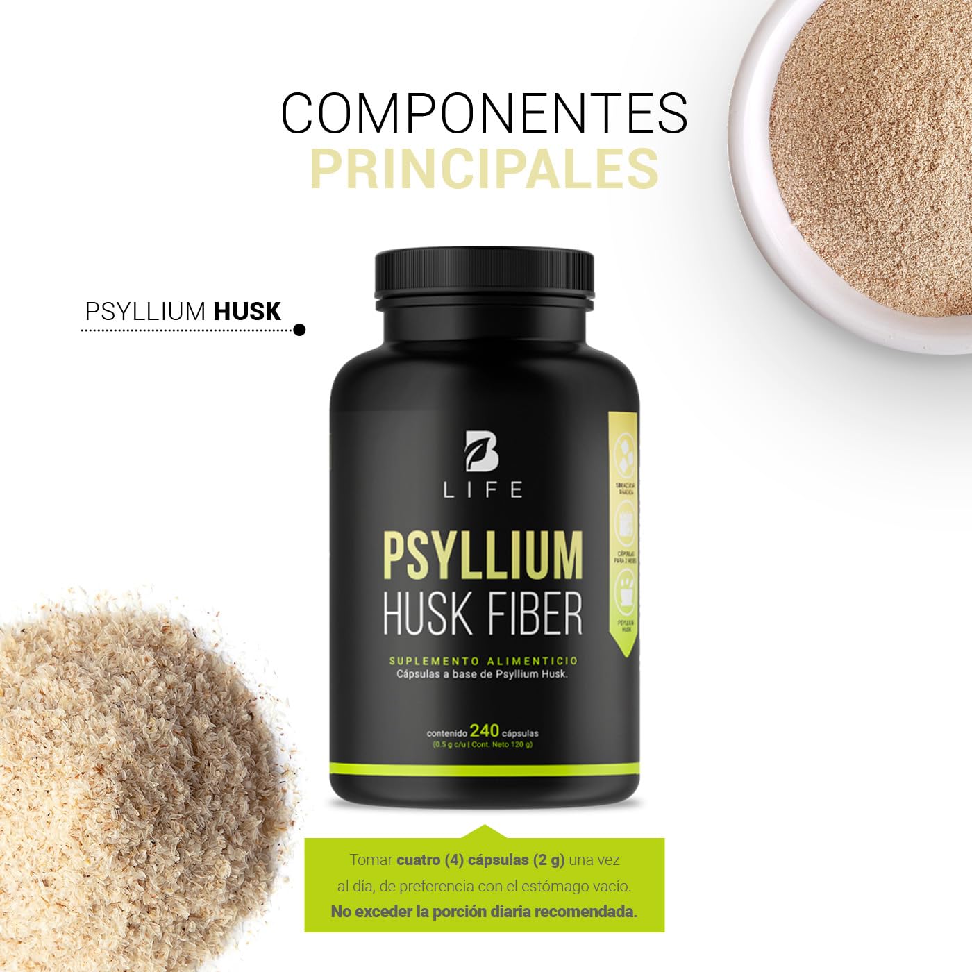 Fibra de Psyllium Husk (Plantago Ovata) 240 Cápsulas 2000 mg por porción. Ingredientes Naturales. Psyllium Husk Fiber B Life