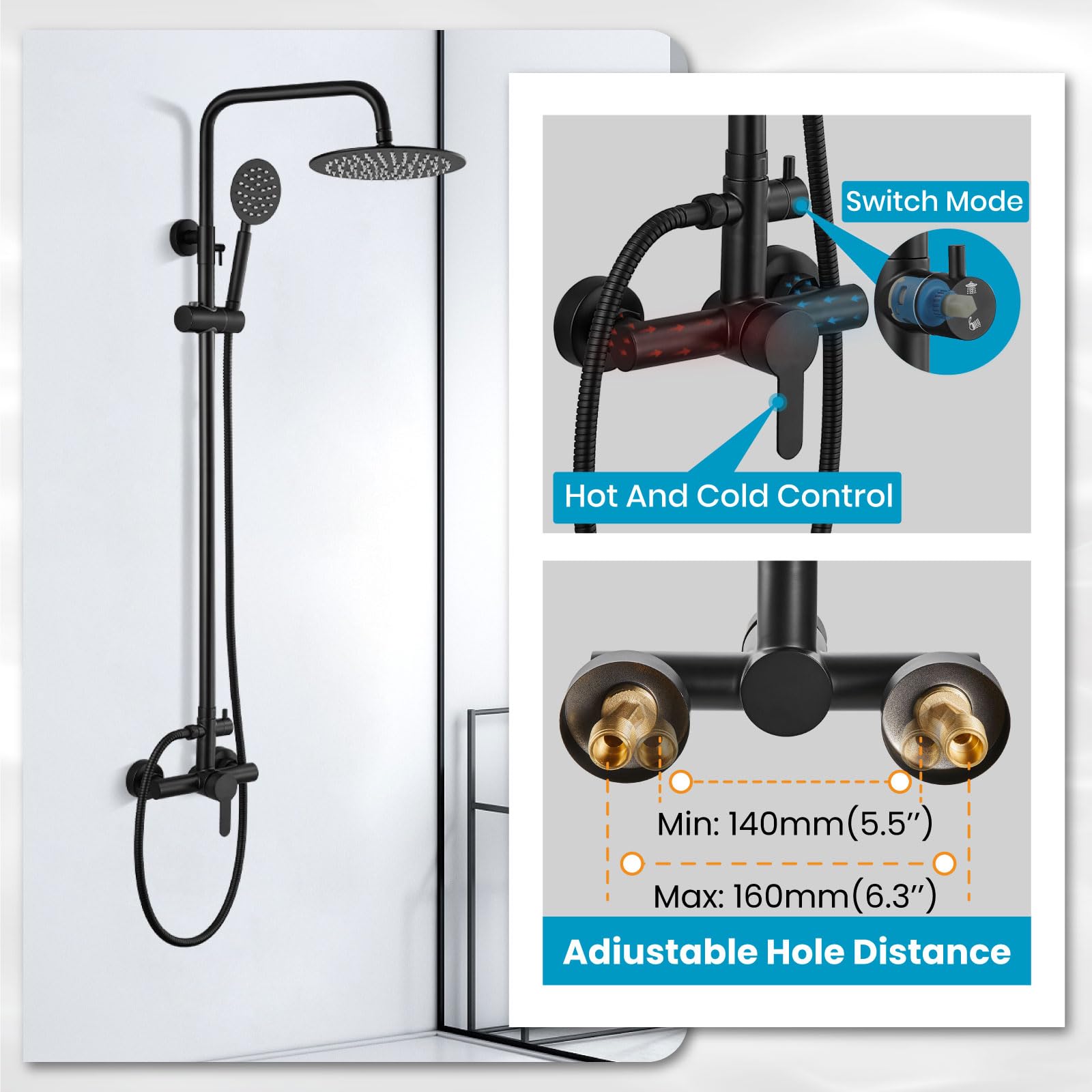 gotonovo SUS304 - Juego de accesorios de ducha para exteriores, sistema de ducha de lluvia de alta presión, montaje en pared, 2 cabezales de ducha de doble función de 8 pulgadas y rociador de mano