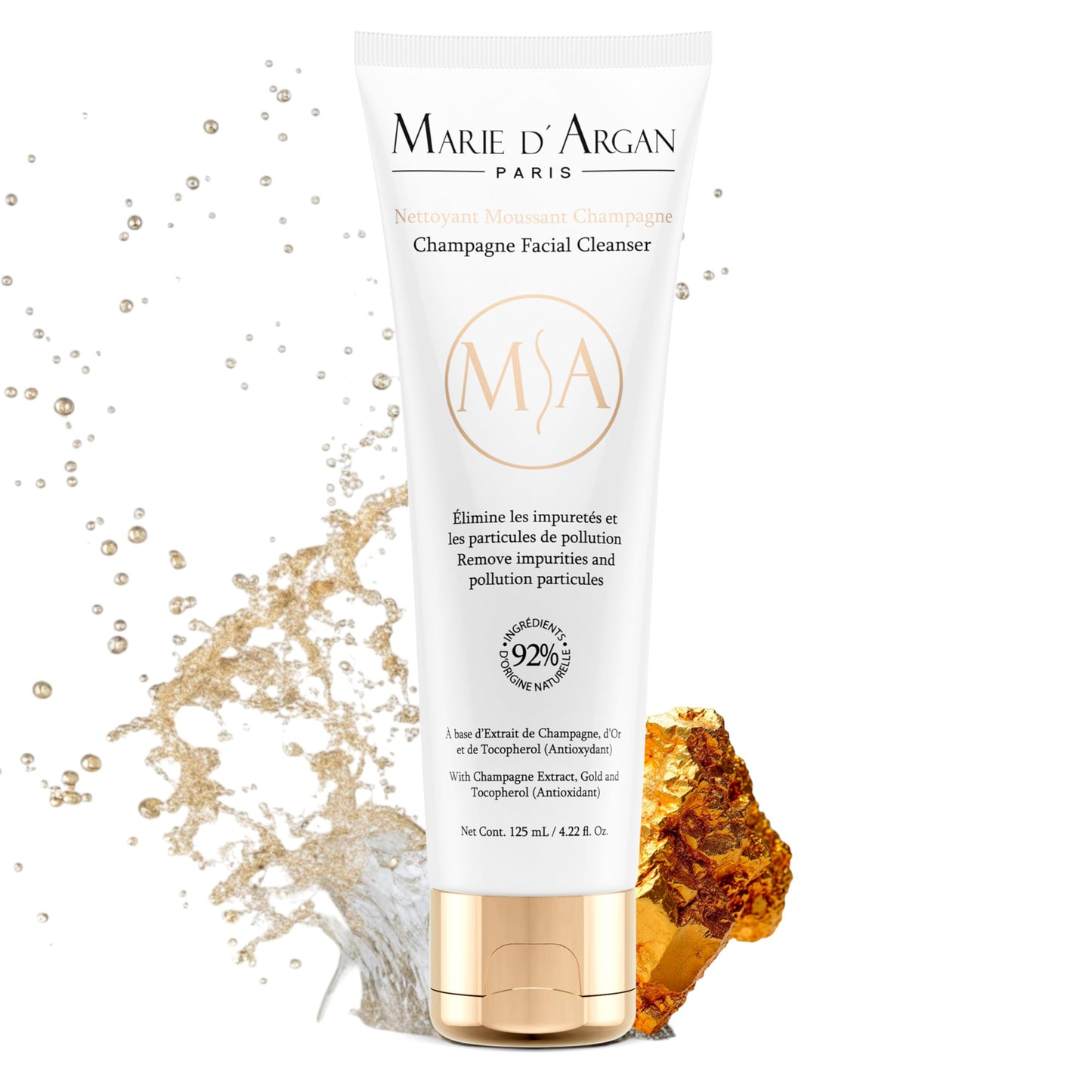 Marie D’Argan Limpiador Facial Champagne Con Oro Coloidal Y Vitamina E 125 ml, Limpieza Profunda, Control De Grasa, Ilumina Y Renueva, Sin Parabenos, Para Piel Normal, Mixta Y Grasa