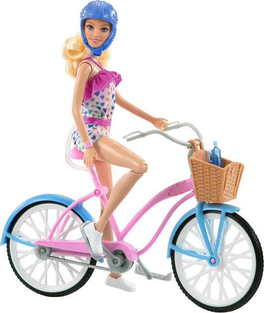 Barbie, Set de Juego, Bicicleta con Muñeca, para Niñas de 3 Años en Adelante, Mattel, Diseño Rosa y Azul, Canasta de Dulces, Caderas, Brazos y Rodillas se doblan