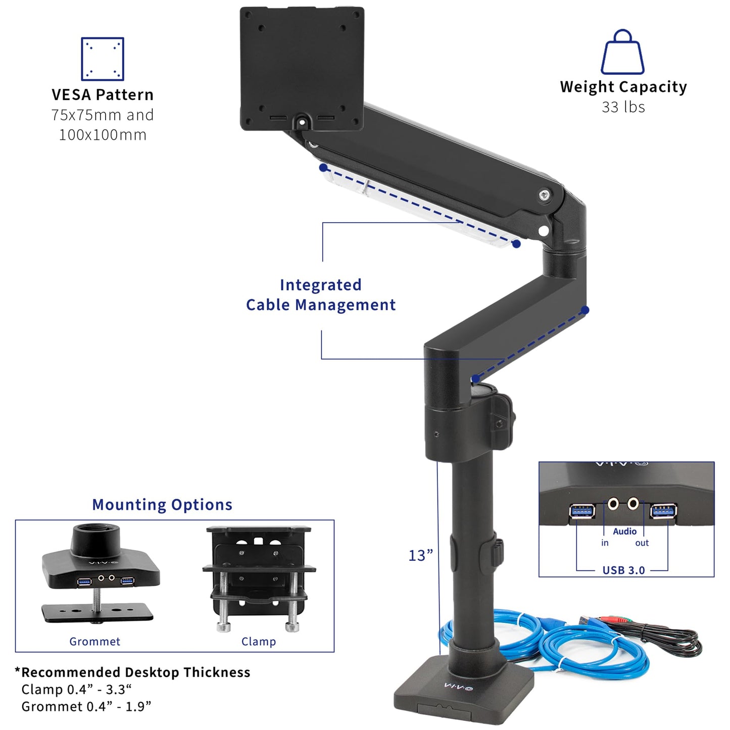 Brazo de Monitor de Aluminio Vivo Negro para Monitores Ultra Anchos 49 Pulgadas con Soporte USB y Ajuste Neumático