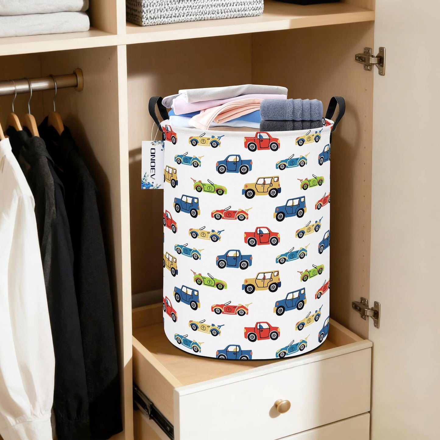 ONOEV Cesta de Ropa Sucia Redonda y Plegable con Forma de Coche de Carreras para niños, Ideal para decoración del hogar y Almacenamiento de Juguetes (Coche).