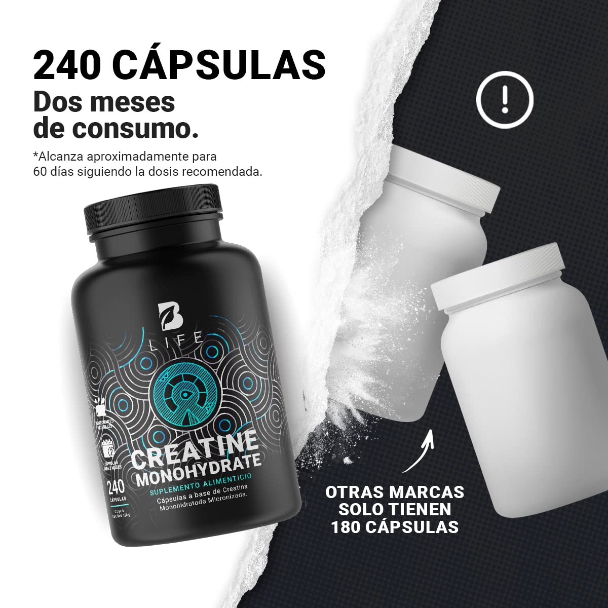 Creatina Monohidratada Micronizada. 240 Cápsulas. 120 Gramos. Alta Pureza Sin Sabor. Ingredientes naturales. Creatine Monohydrate B Life.