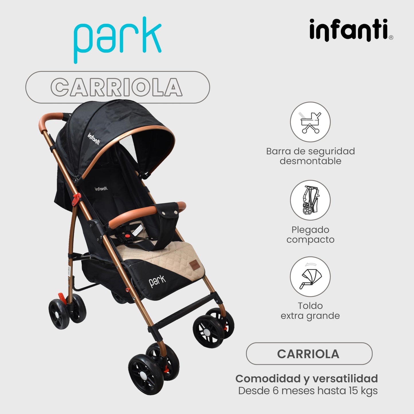 INFANTI | Carriola para Bebe PARK | Carreola con Portabebé - Carriola de Viaje - Carrito para Bebe | Cosas para Bebes 6 Meses hasta 15 kg - Compacta y Plegable | con Barra de Seguridad Desmontable (Negro y Beige)