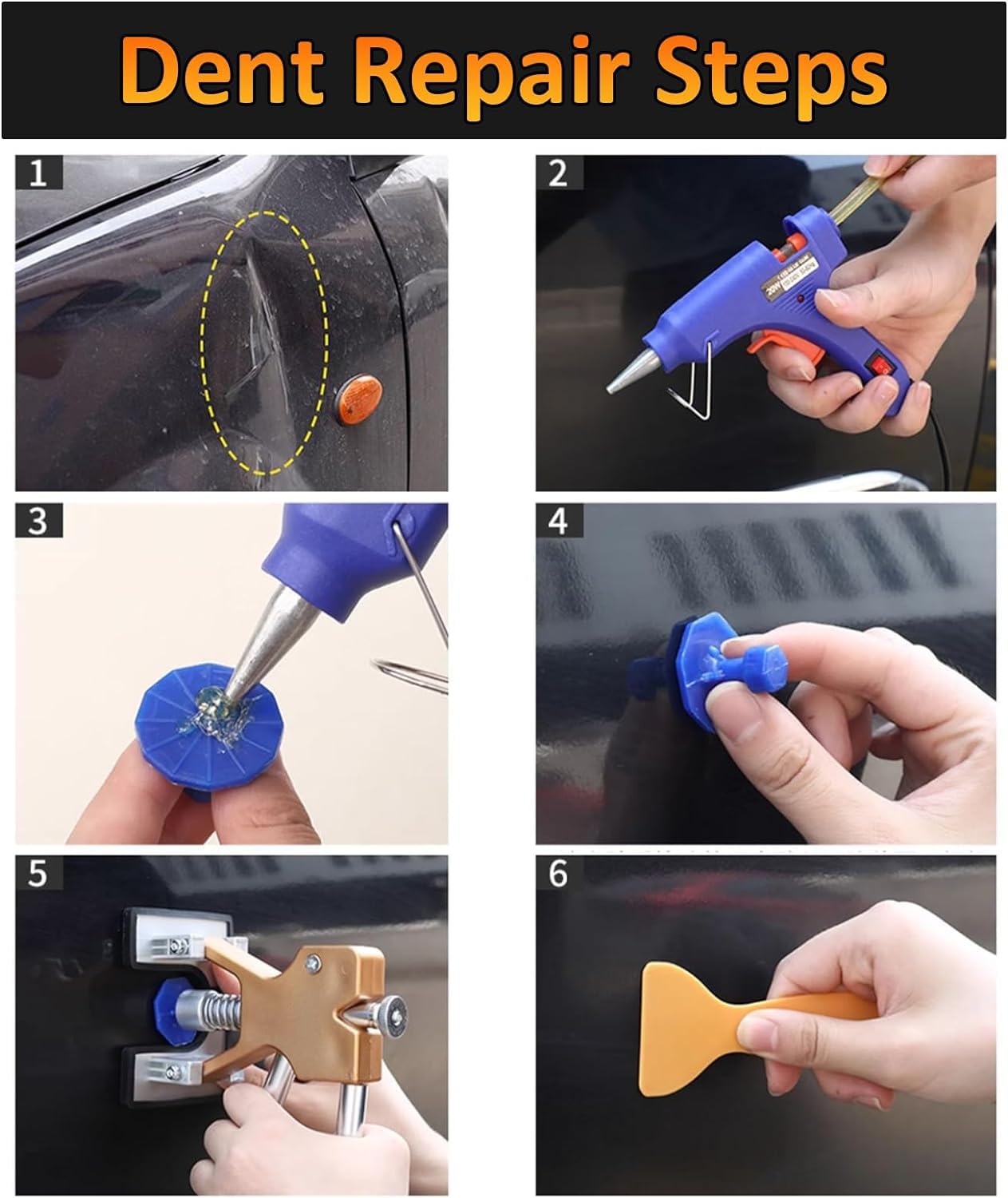 Herramienta de Reparación de Abolladuras de Automóviles,Traje de reparación de abolladuras de granizo。Ancho ajustable, ascensor dorado,Sacadores, martillos y otros accesorios, (38 piezas)