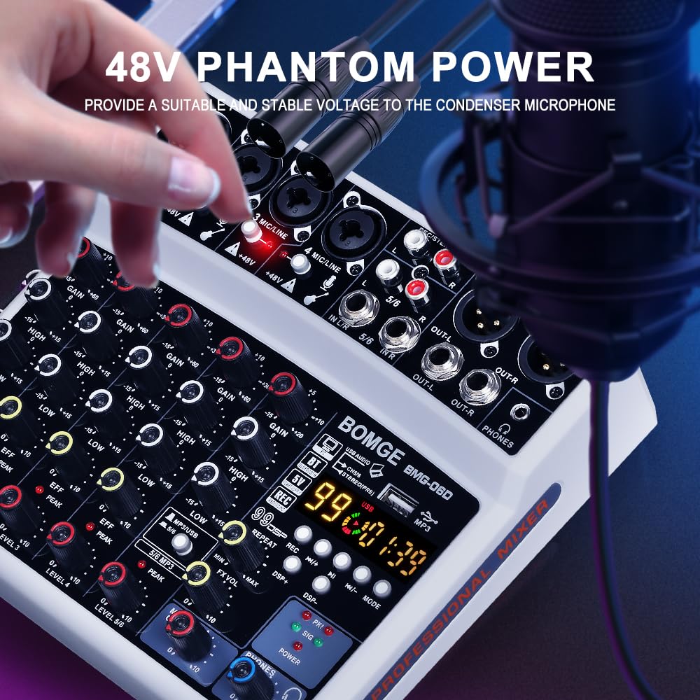 BOMGE - Mezclador de sonido de 6 canales, consola de mezcla digital profesional para streaming en vivo, karaoke y grabación estéreo, con reproducción de grabación de computadora de PC, Bluetooth, MP3