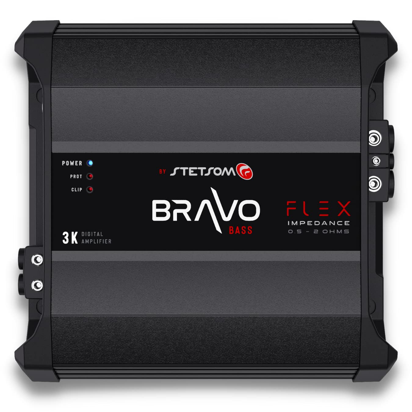 Amplificador de Audio para Coche Stetsom Bravo BASS Flex 3K Negro con Sistema de Impedancia Automática Monobloque 3000 W RMS a Impedancia Variable 0.5 a 2 Ohmios