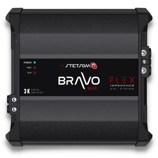 Amplificador de Audio para Coche Stetsom Bravo BASS Flex 3K Negro con Sistema de Impedancia Automática Monobloque 3000 W RMS a Impedancia Variable 0.5 a 2 Ohmios