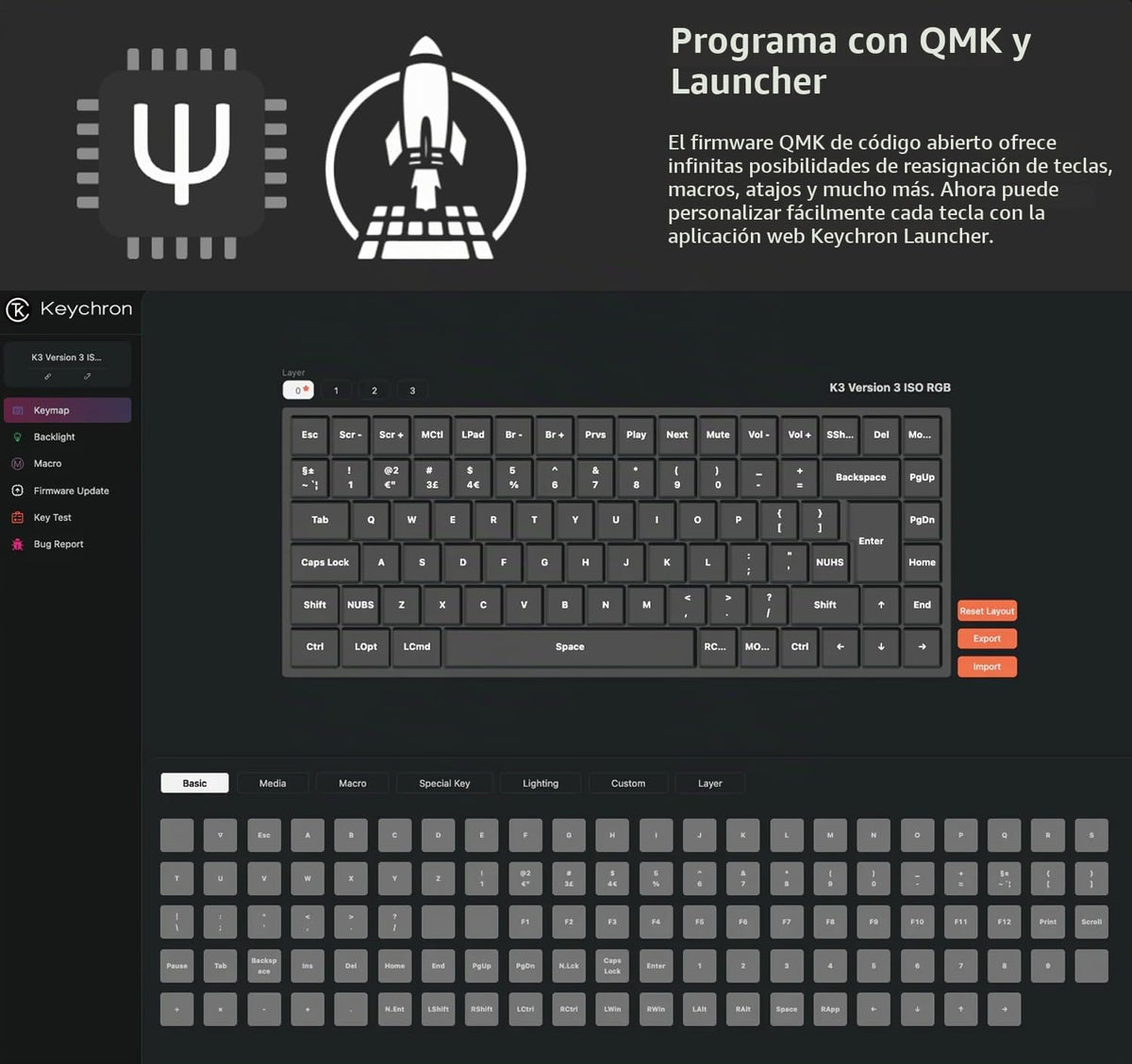 Teclado Mecánico Inalámbrico Keychron K3 Marrón Ultradelgado Hot-Swappable Retroiluminación LED RGB Recargable Bluetooth 5.2 ES Layout Versión 3