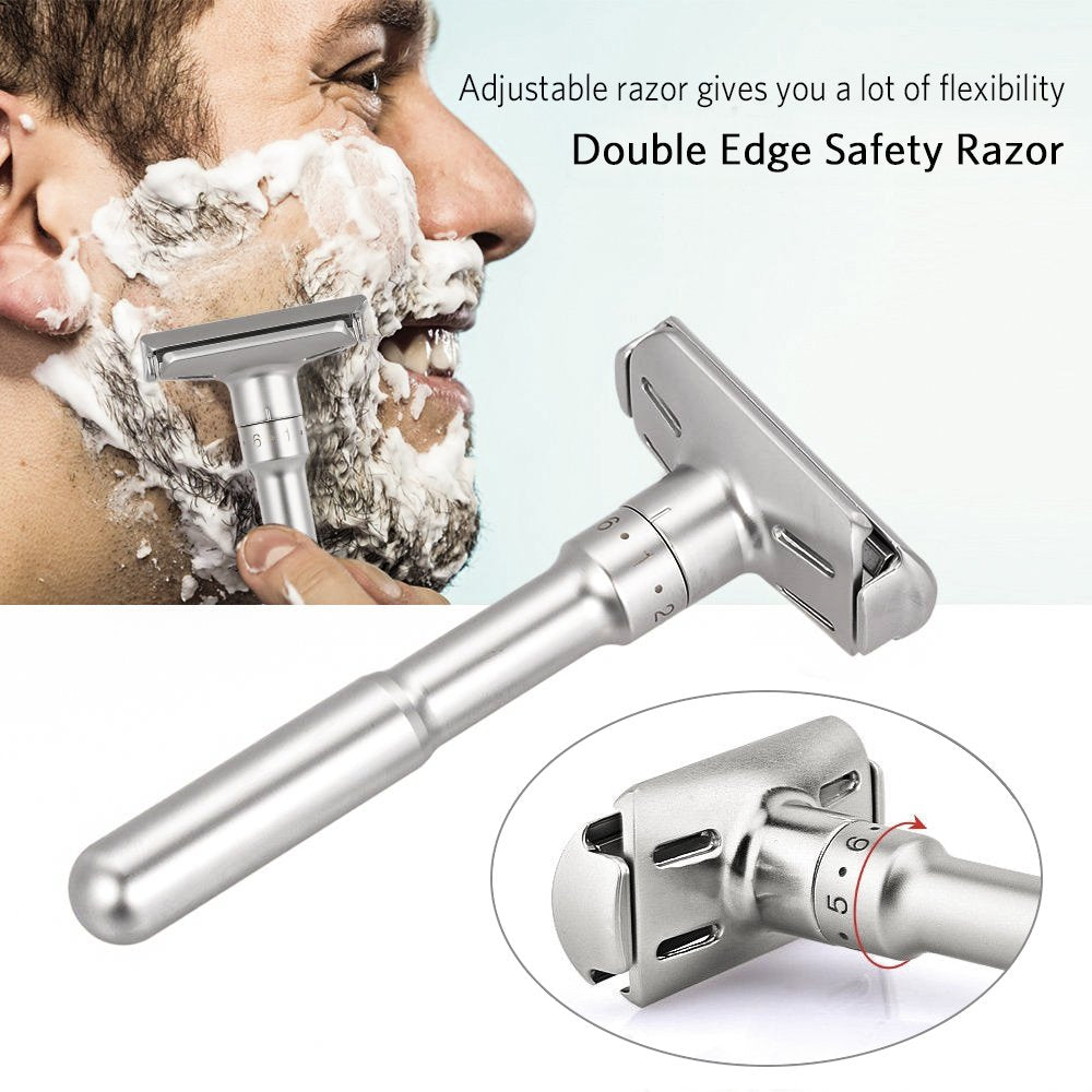 Safety Shaving Razor Kit Adjustable Double Edge for Men, Safety Razor with Genuine Leather Travel Case & 10pcs Dorco Blades, Easily Switch Blades - Great Men's Gift Idea