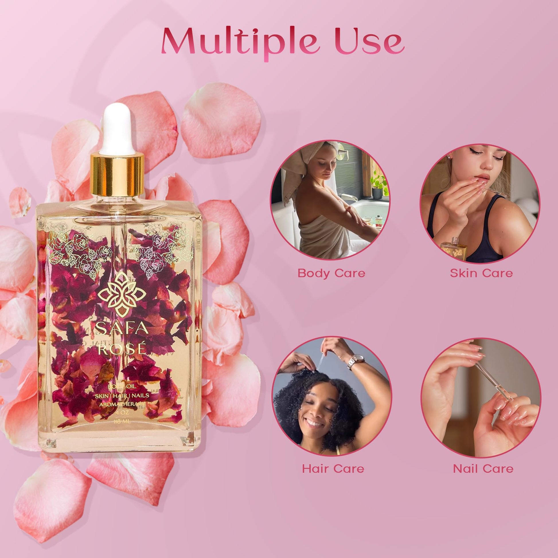 SAFA Rosé Oil - Organic Oil for Face, Body, Hair, Nails & Aromatherapy | Natural Blend of Bulgarian Damask Rose, Moroccan Argan, Sweet Almond, Vitamin E, & Apricot Oil | Moisturizer for Women & Men