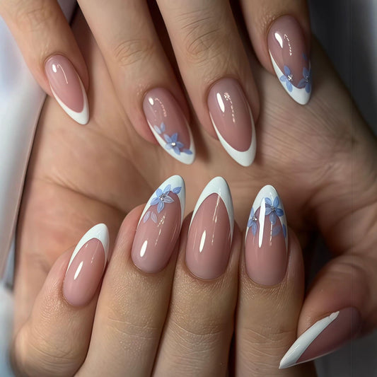 Uñas Postizas de Cortas Largas de Francesa, Adhesivas Uñas Press on Nails de Cobertura Completa, Uñas Falsas Decoradas Acrílico Natural para Mujeres y Niñas (J, 1ml)