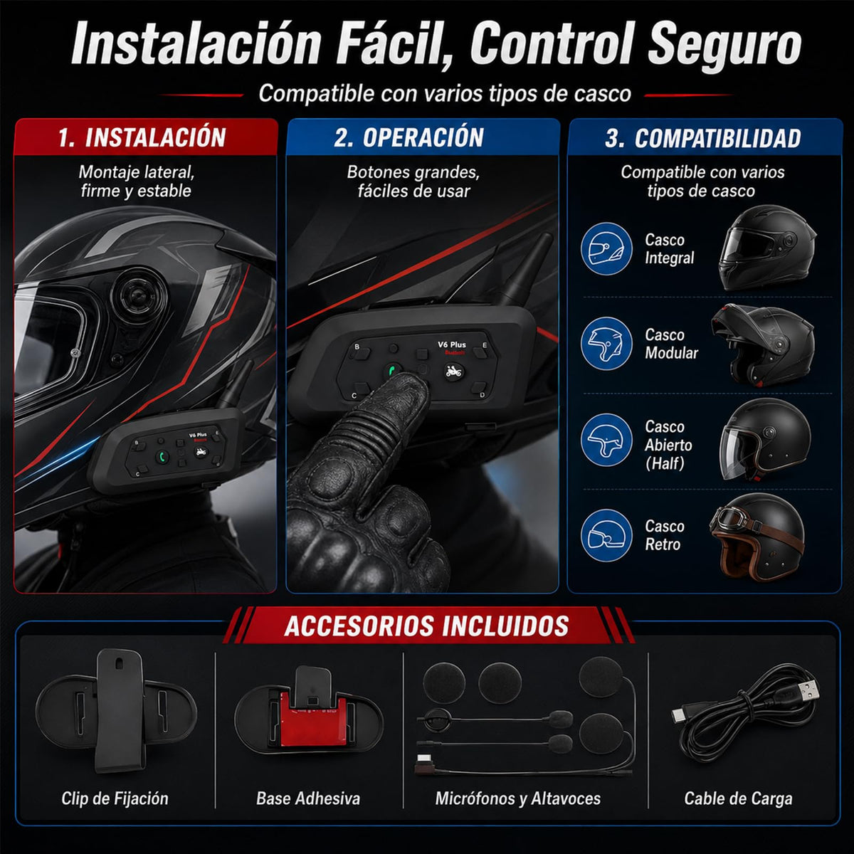 Auriculares Bluetooth para Casco Motocicleta con Intercomunicador de 6 Personas y Alcance de 1500 Metros