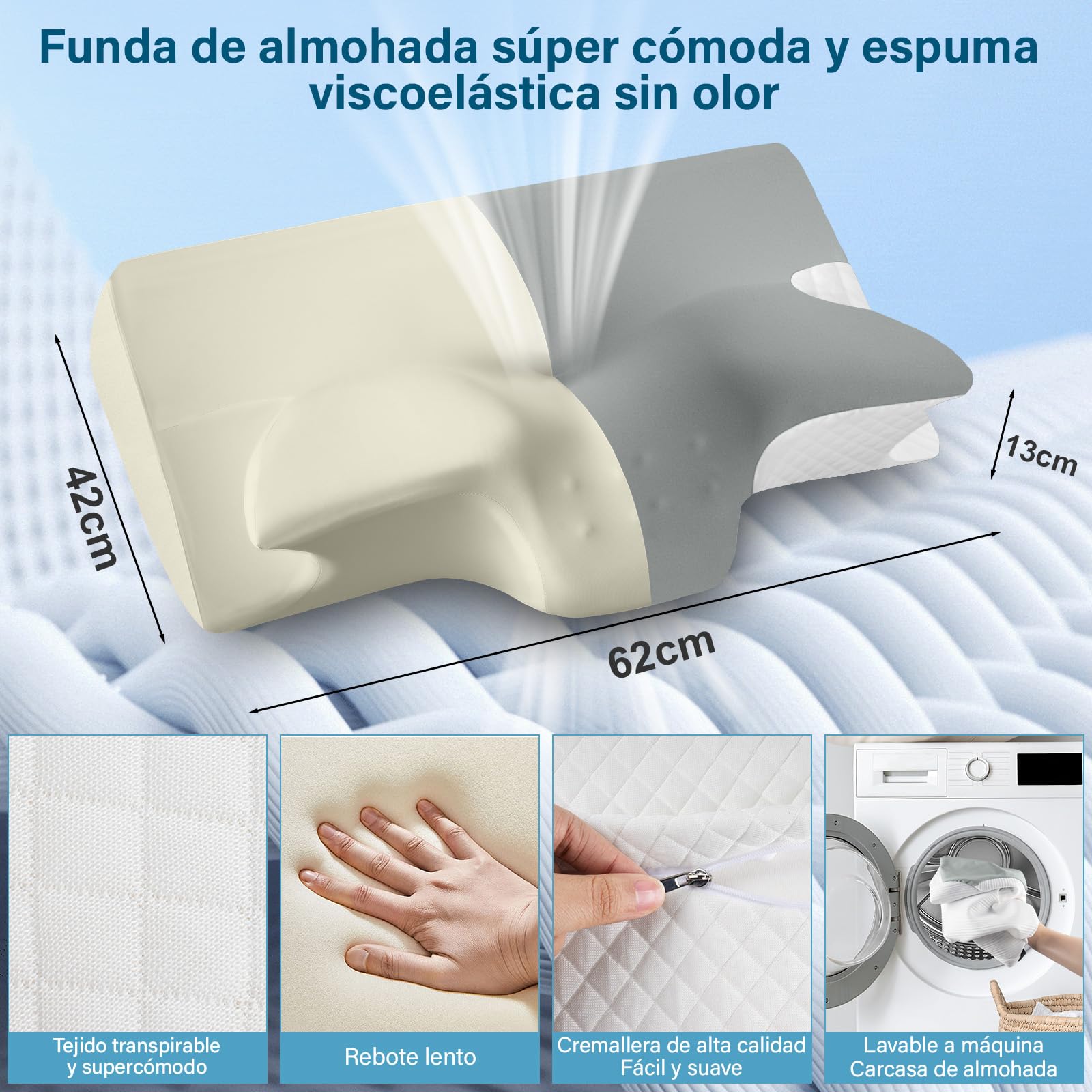 GALASALA Almohada Memory Foam, Almohada Cervical para Aliviar el Dolor de Cuello, Almohada Ortopédica Ergonómica para Personas Que Dormir de Lado, Boca Arriba o Boca Abajo, con Fundas de Almohada