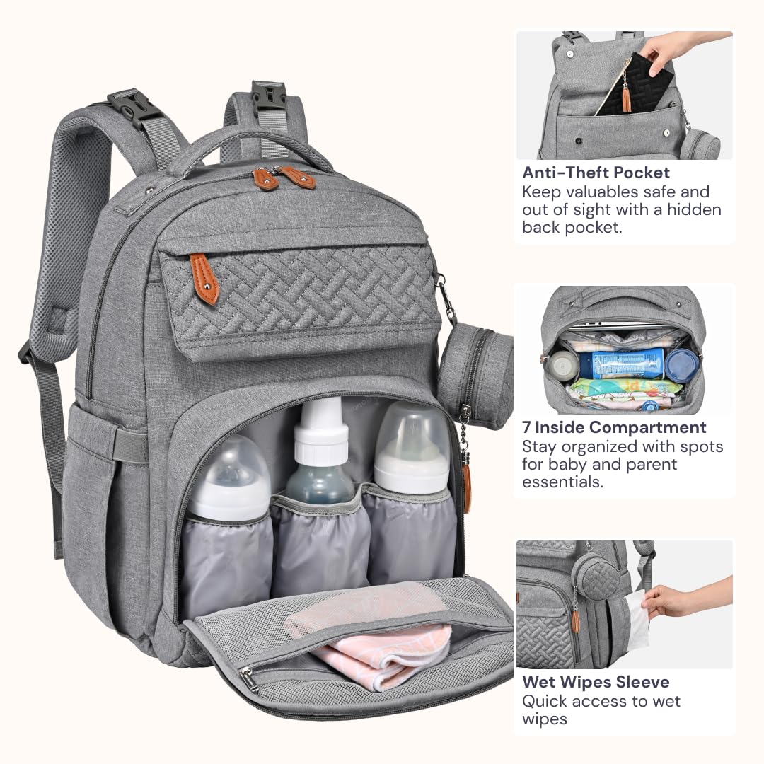 BabbleRoo - Mochila para pañales grande de viaje para bebé con cambiador, bolsas impermeables para bebé para mamá y papá, bolsas unisex con estuche para chupete, correa de equipaje y clips para