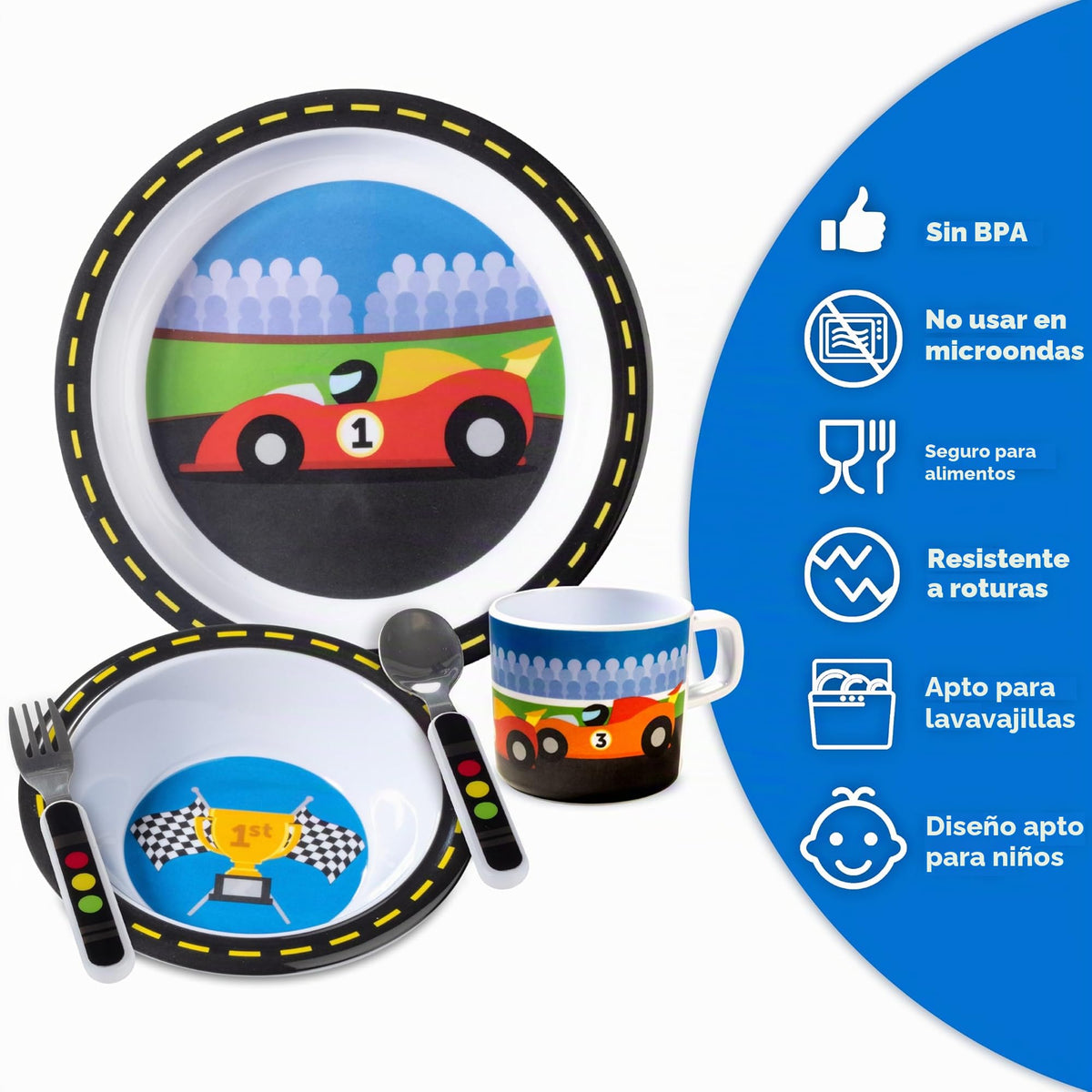 Juego de 5 piezas de alimentación para niños y niños pequeños – Coche de carreras – Incluye plato, taza, tenedor y cuchara, cubiertos – Duradero, apto para lavaplatos, última intervensión de BPA