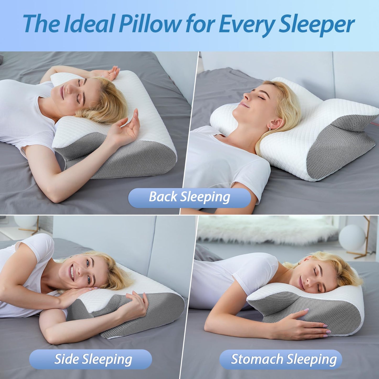 HOMCA Almohada Cervical de Espuma con Memoria, 2 en 1 Almohada Ortopédica de Contorno Ergonómico para el Dolor de Cuello, Almohadas de Soporte Contorneadas para Dormidores de Lado Espalda Estómago