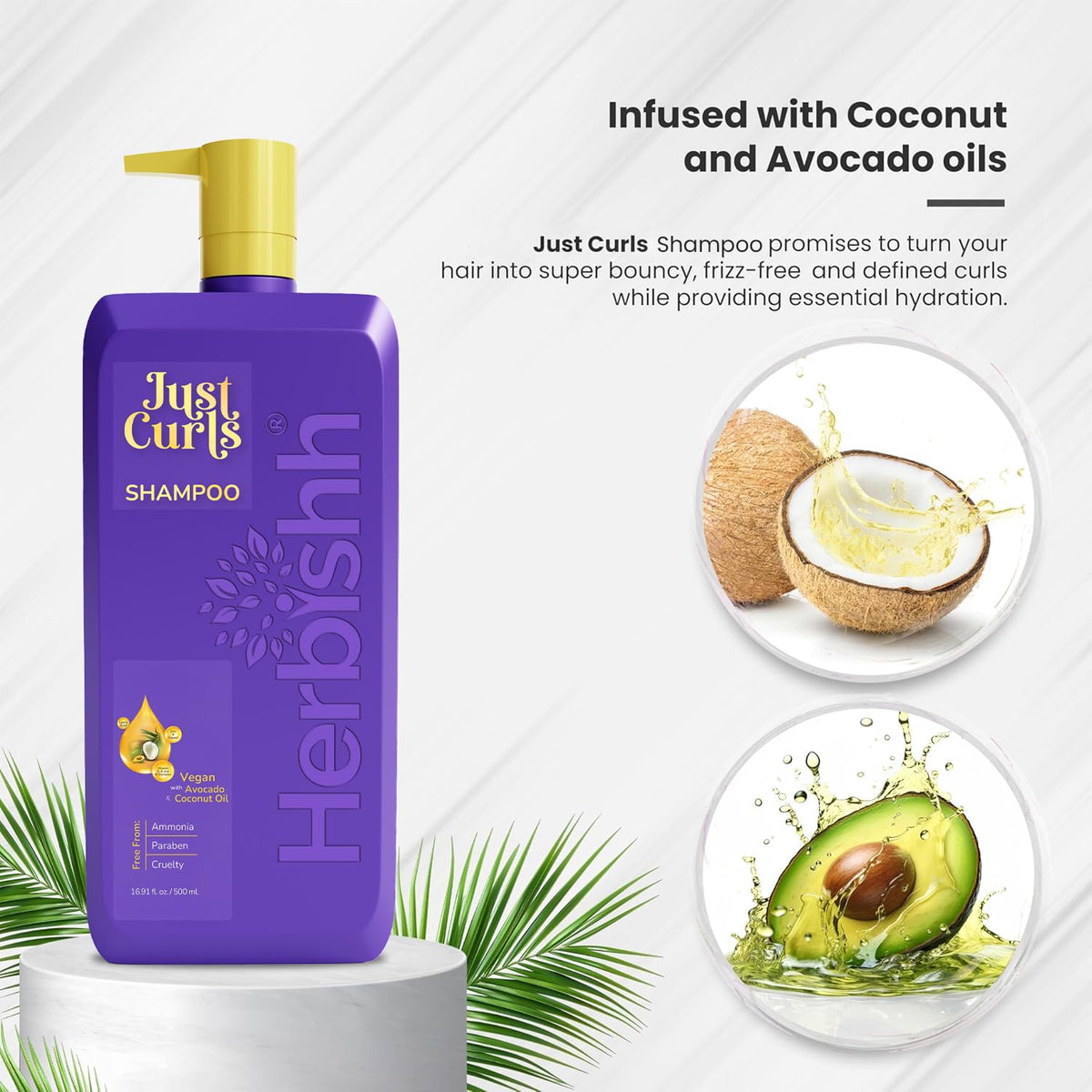 Herbishh Champú Just Curls con aceite de coco, limpia e hidrata para rizos fuertes y suaves, nutre profundamente y reduce el frizz, revitaliza el cabello dañado, sin parabenos y vegano (16,91 fl.oz)