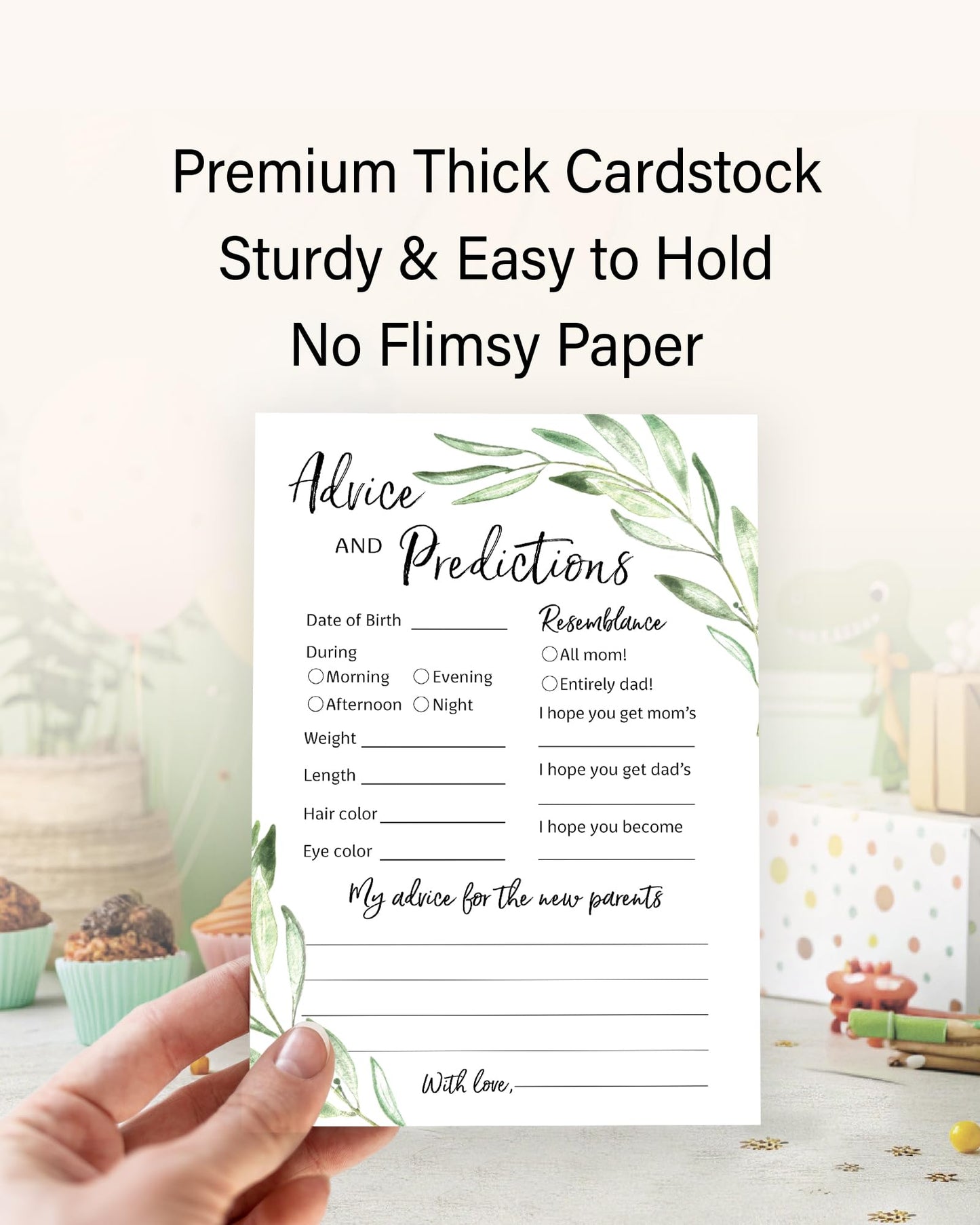GREENERY - Tarjetas de predicción y consejos, paquete de 25 unidades, mensaje para padres de mamá y papá para ser mamá y papá, rústico floral verde oliva rama para parejas, ducha de acuerdo, libro de