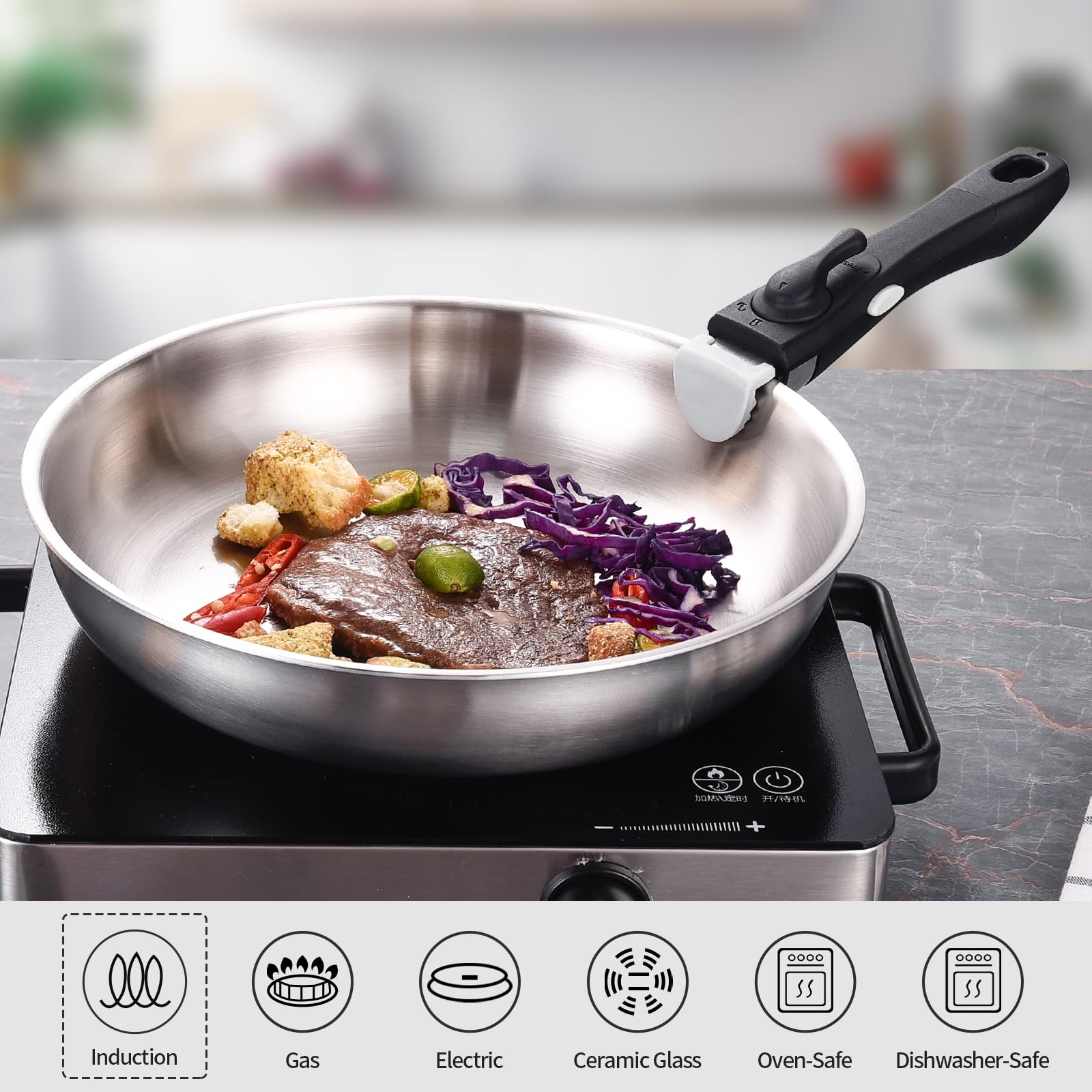 INQIBEE-El set de sartenes de acero inoxidable tricapa, apto para inducción, ideal para hogar y camping en RV, con asa desmontable para utensilios de cocina, apto para lavavajillas y horno.