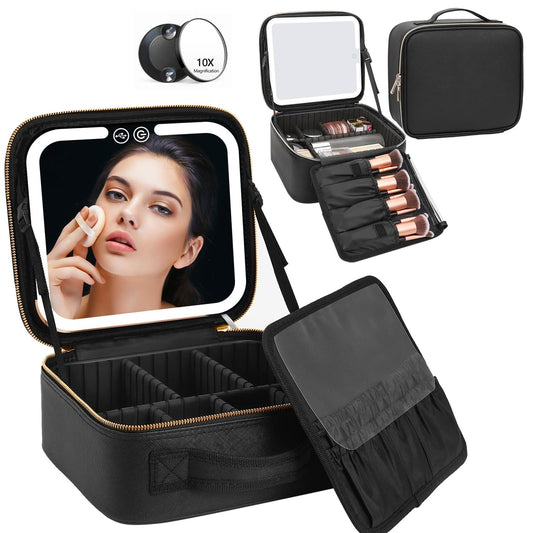 MBLNBVN Estuche de Maquillaje de Viaje, Organizador Profesional de Bolsas con Iluminación LED con Lupa de 10 Aumentos 3 Ajustes de Color, Cosmetiquera Grande con Divisores Ajustable y Sensor