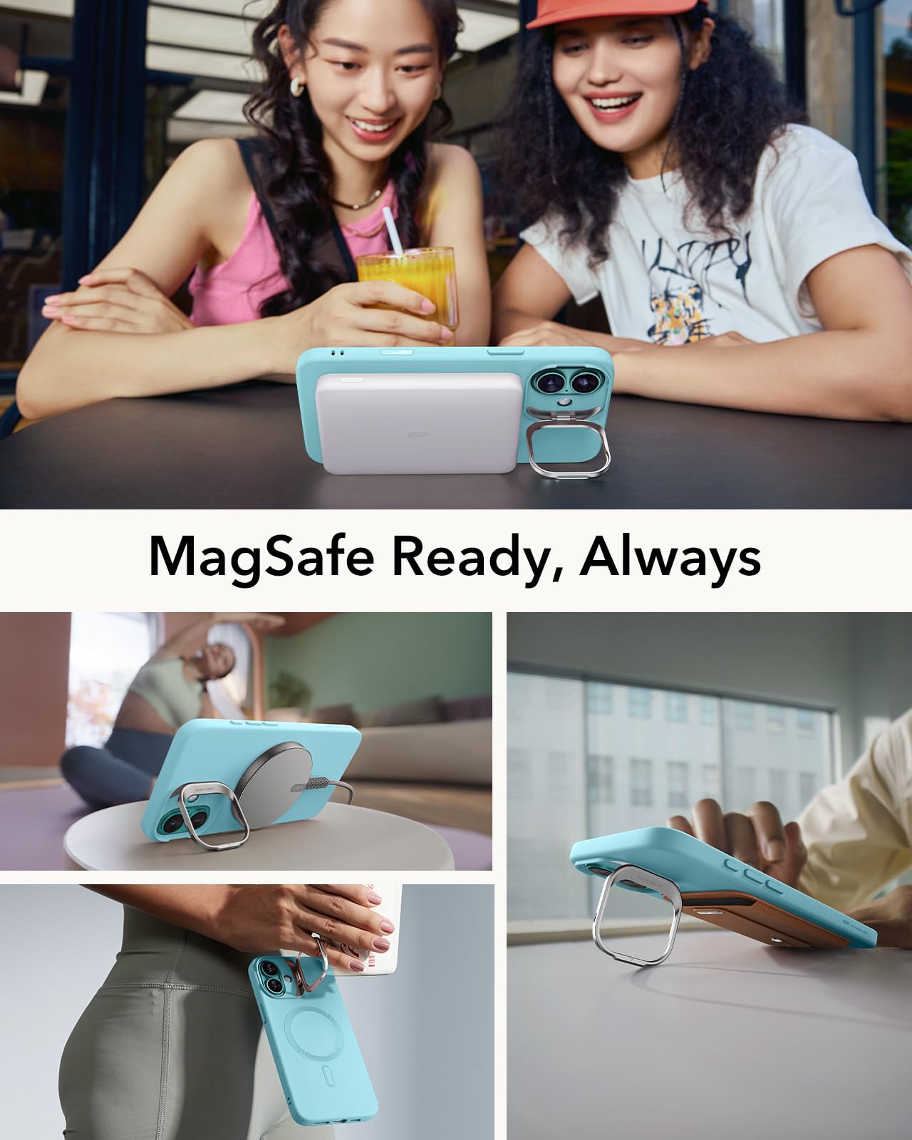 ESR - Funda para iPhone 16 de silicona con botón de control de cámara y soporte, compatible con MagSafe, soporte para cámara integrado, magnética, para iPhone 16 Pro Max, serie Cloud, verde azulado