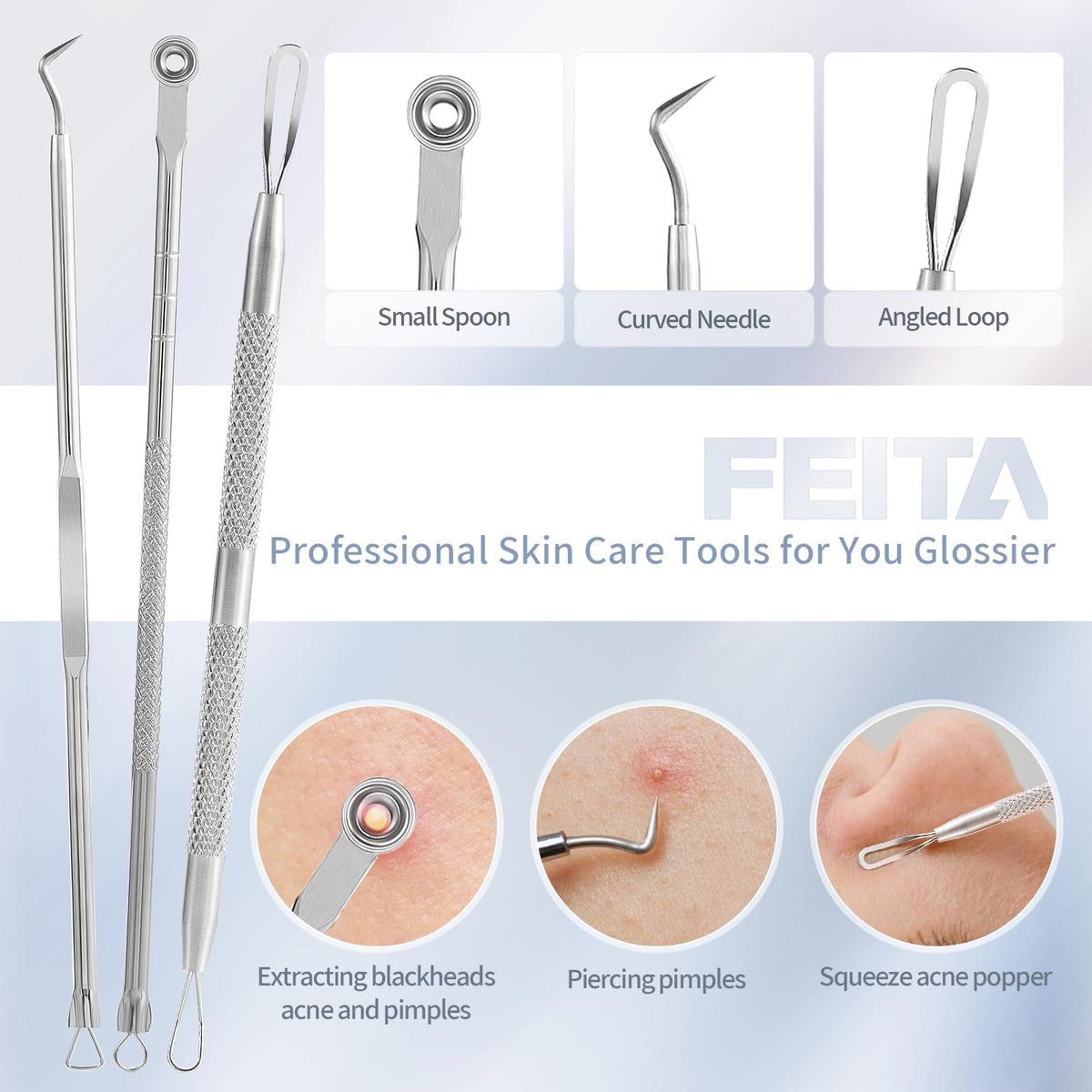 FEITA - Kit de herramientas para quitar espinillas, extractor de espinillas, herramientas para acné para nariz facial, aguja de acné de acero inoxidable, herramienta de eliminación de golpes faciales