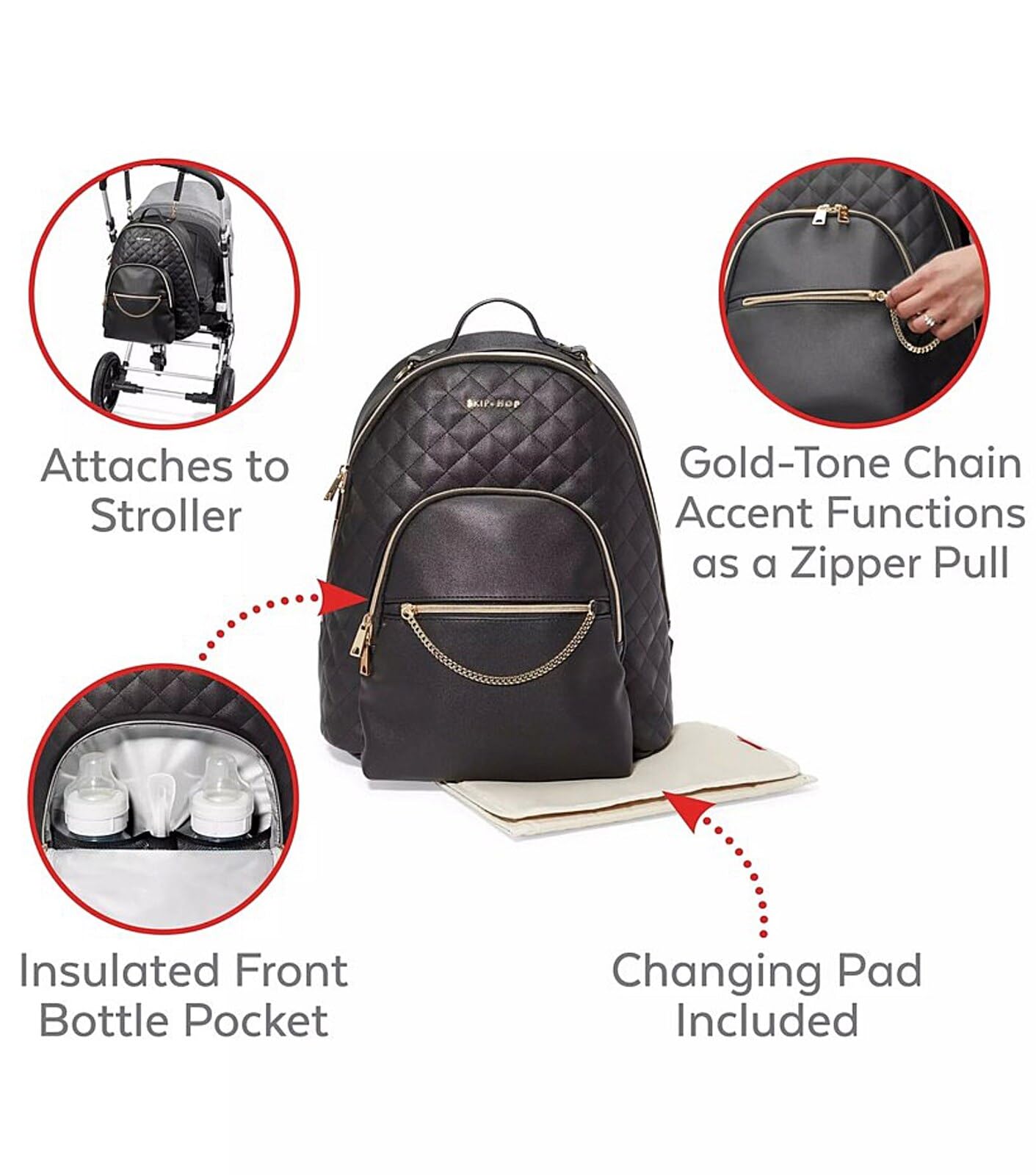 Skip Hop Bolso de pañales: cuero vegano efecto acolchado de lujo Linx con cambiador y accesorio para cochecito, negro