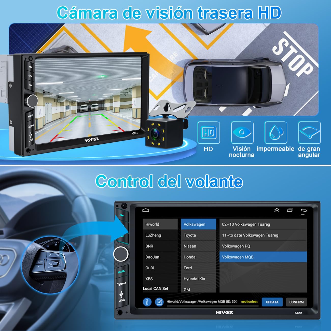 HIMICAR Autoestéreo para Carro de 7 Pulgadas con Pantalla Doble DIN, Solo DIN& Doble Design Estéreo Multifuncional para Automóvil, MP5, FM, AUX, TF, Cámara Trasera, GPS, Bluetooth