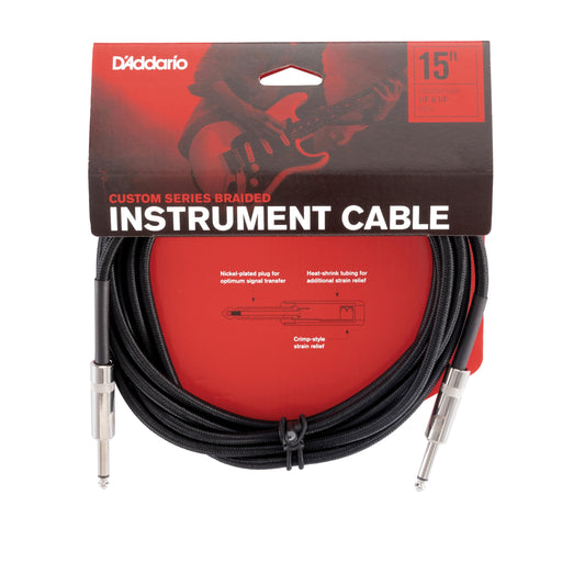 D'Addario Guitar Cable - Guitar Lead - Instrument Cable - Guitar Accessories - Custom Series Braided Cable - 15 Feet/4.57 Meters - Black - 1 Pack