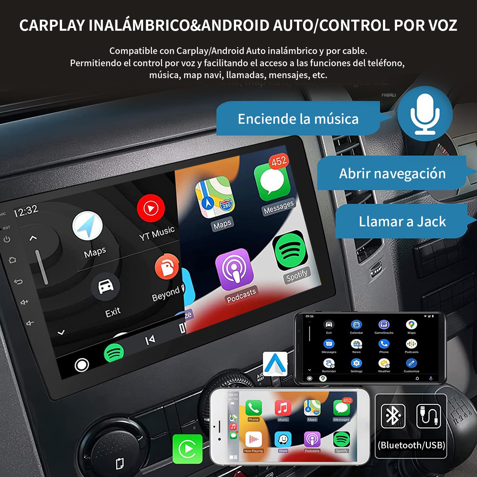 FINYQBET Autoestéreo para Carro de Pantalla 1 DIN de 10 Pulgadas con CarPlay, Android Auto, Sistema Android, WiFi, GPS, Bluetooth, Mirror Link y Cámara de Visión Trasera
