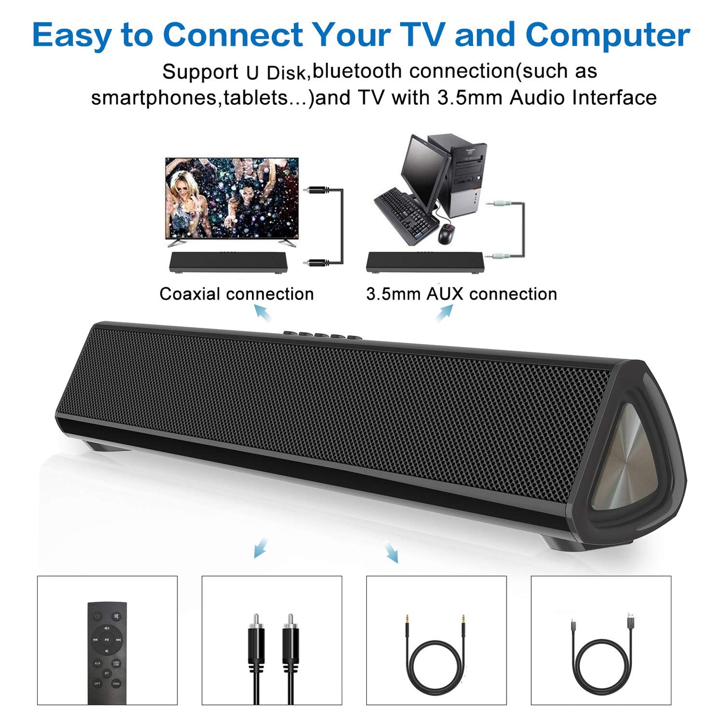 Barra de sonido portátil para TV/PC, 105dB Bluetooth 5.0 barra de sonido inalámbrica y con cable con batería de 2200 mAh, sonido envolvente 3D de cine en casa, subwoofer integrado con control remoto