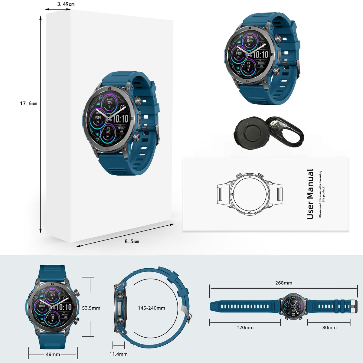 Smartwatch FreshFun AMOLED 1.43 Pulgadas Bluetooth Hombre Azul Impermeable IP67 Monitor Cardíaco y Sueño 100+ Modos Deportivos