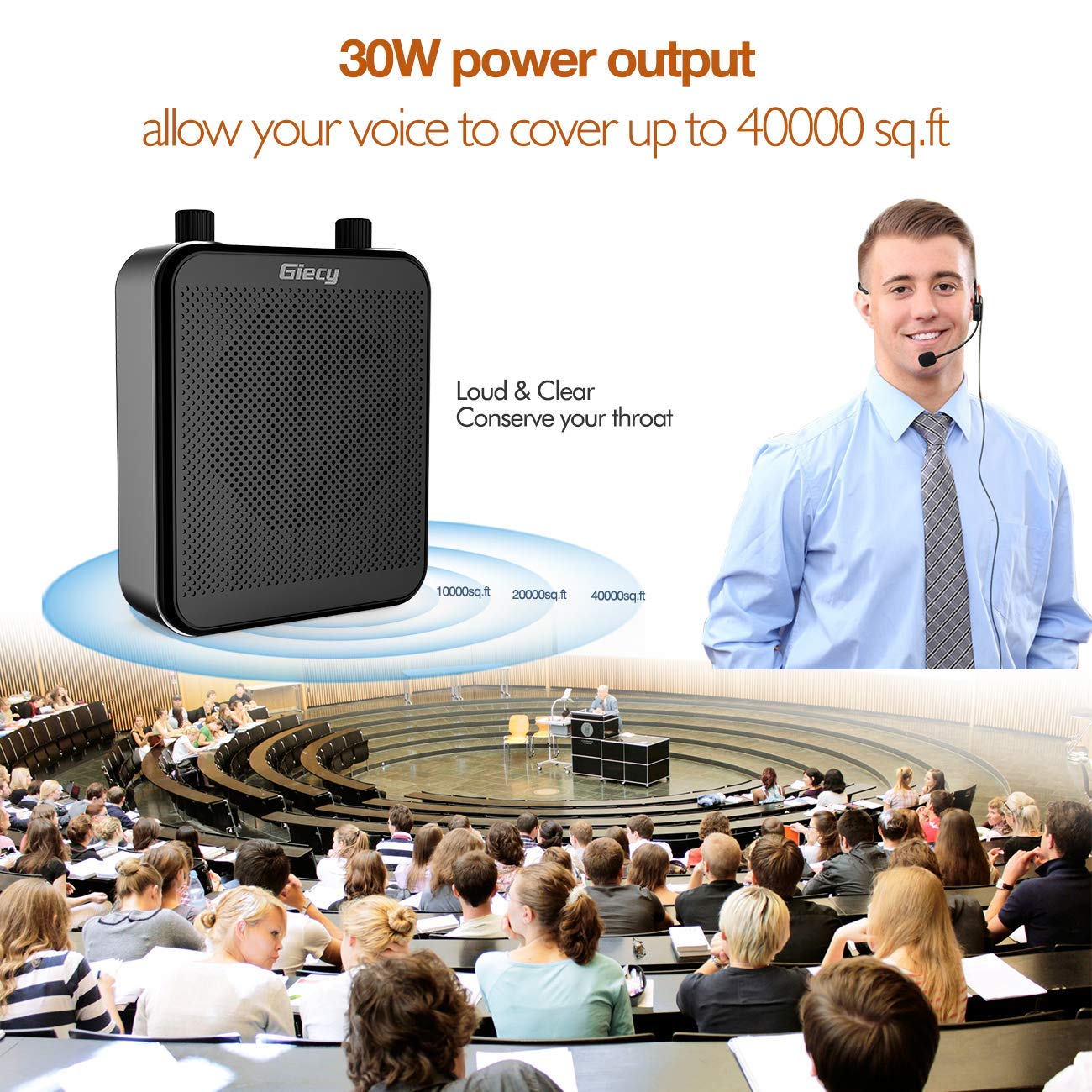 Giecy - Amplificador de Voz Personal, Amplificador de Voz portátil, 30 W, 2800 mAh, Sistema PA Recargable para múltiples ubicaciones, Aula, reuniones y Exteriores