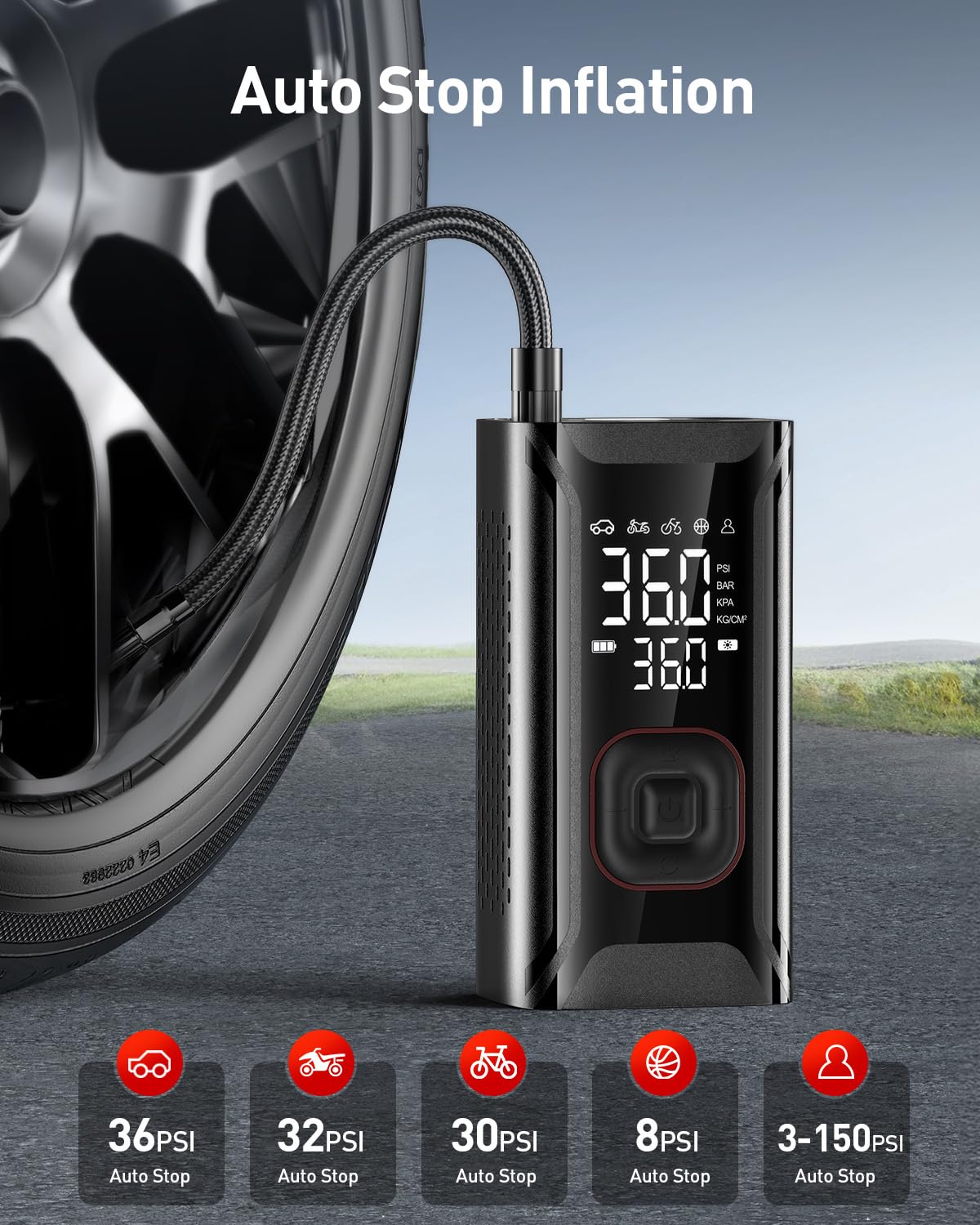 Inflador de neumáticos, compresor de aire portátil, bomba de aire portátil con medidor de presión digital, inflado para coches, bicicleta, motocicleta, bola